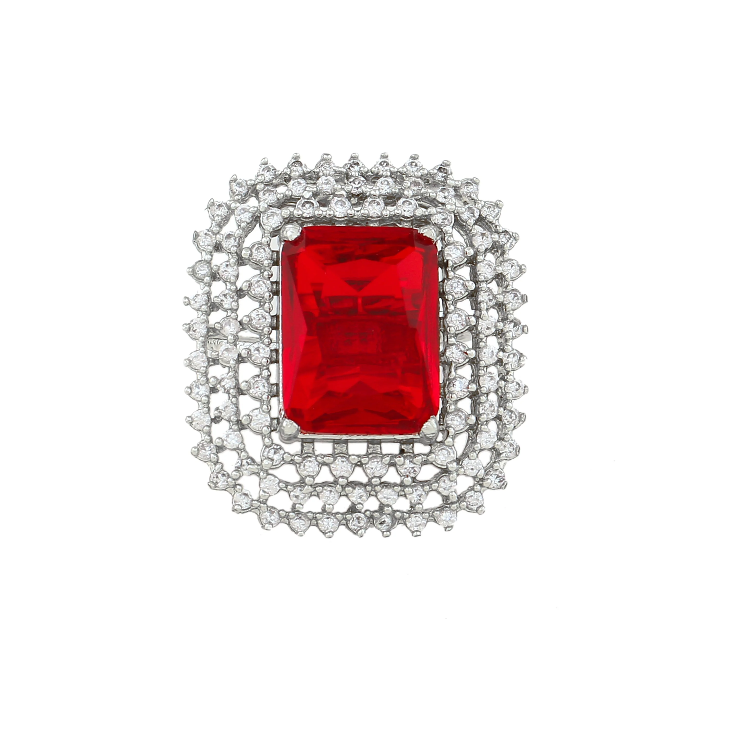 Estele Rhodium Plated Cz Sparkling Finger Ring With Ruby Stone For Women(Adjustable) - Image 3