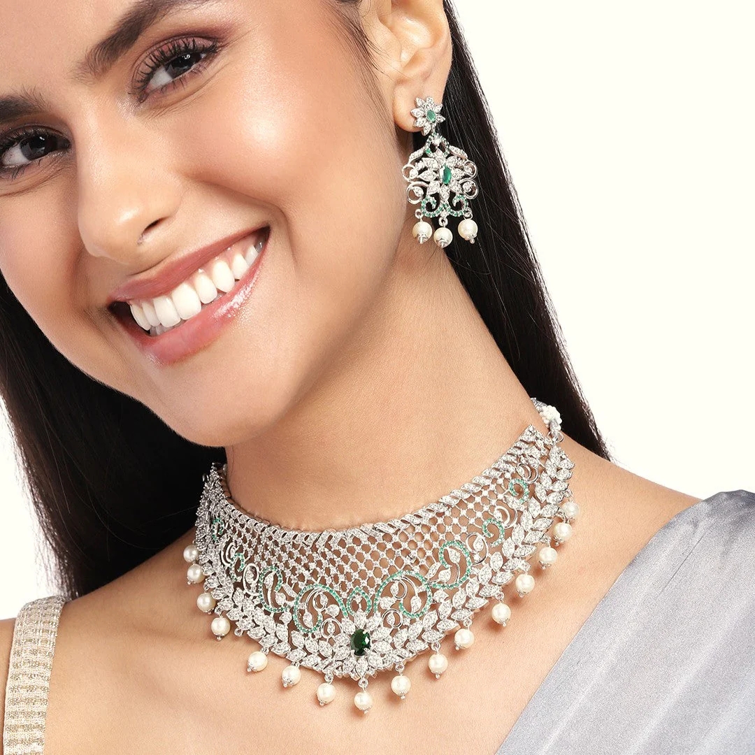 Estele Rhodium Plated Designer Traditional Bridal Choker Set With Pearls & Green Stones For Women
