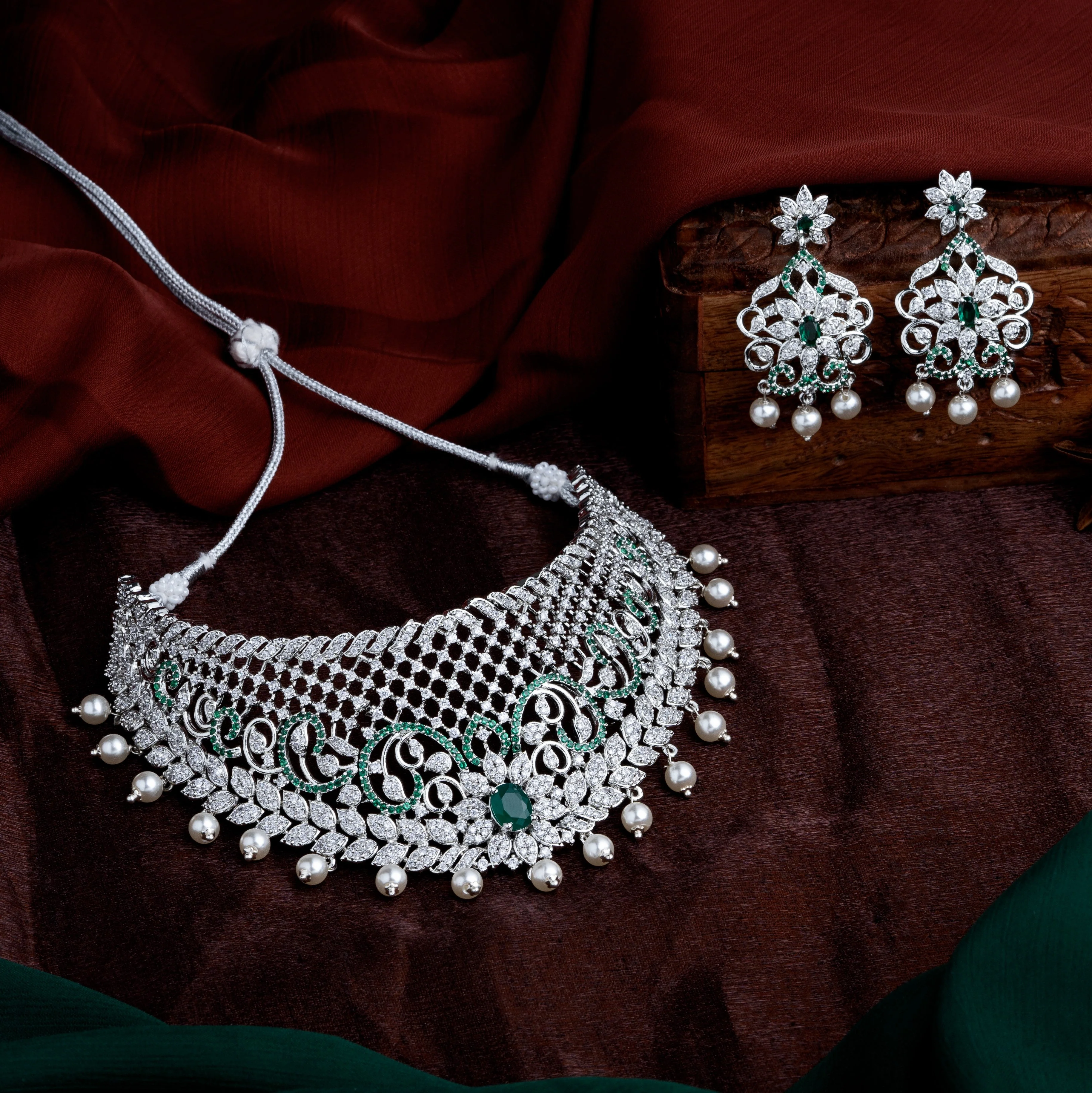 Estele Rhodium Plated Designer Traditional Bridal Choker Set With Pearls & Green Stones For Women - Image 2