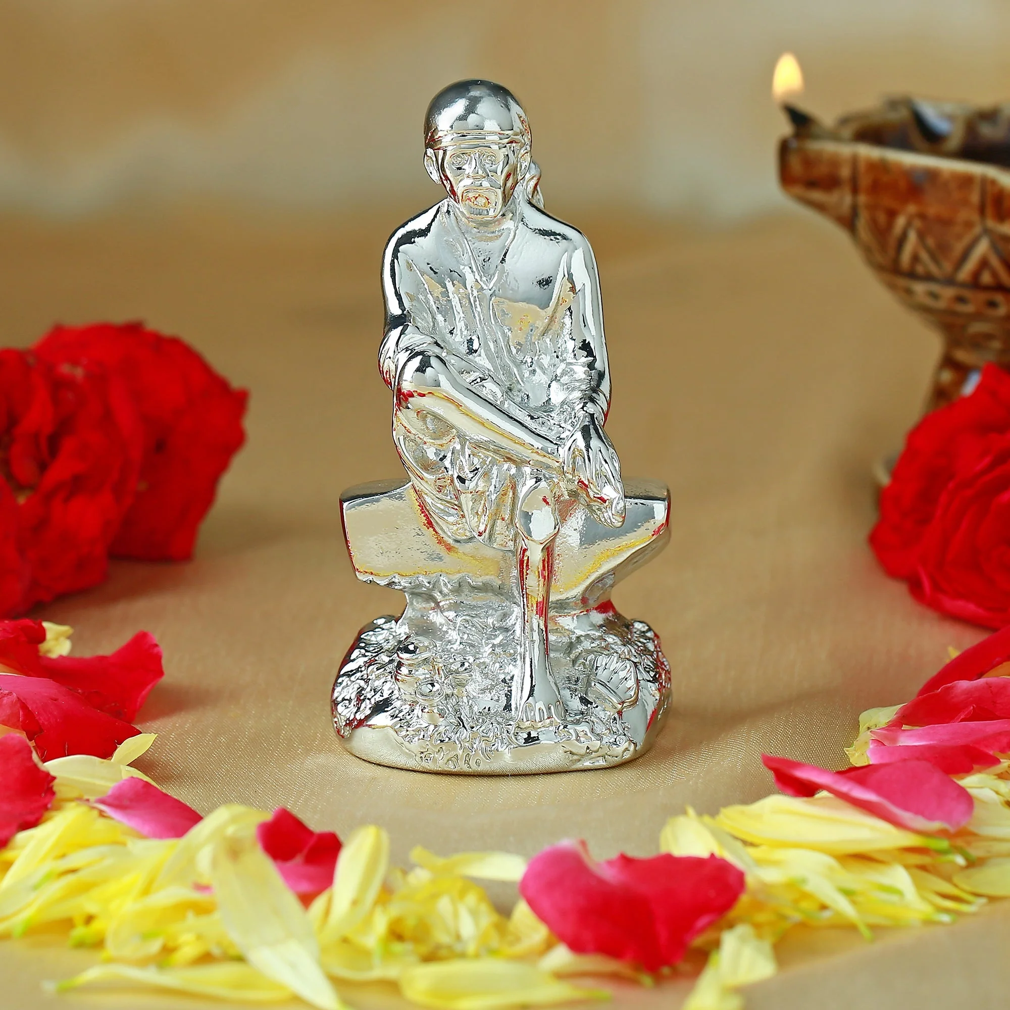Estele Rhodium Plated Divine Shirdi Wale Sai Baba Idol For Pooja/Car Decor.