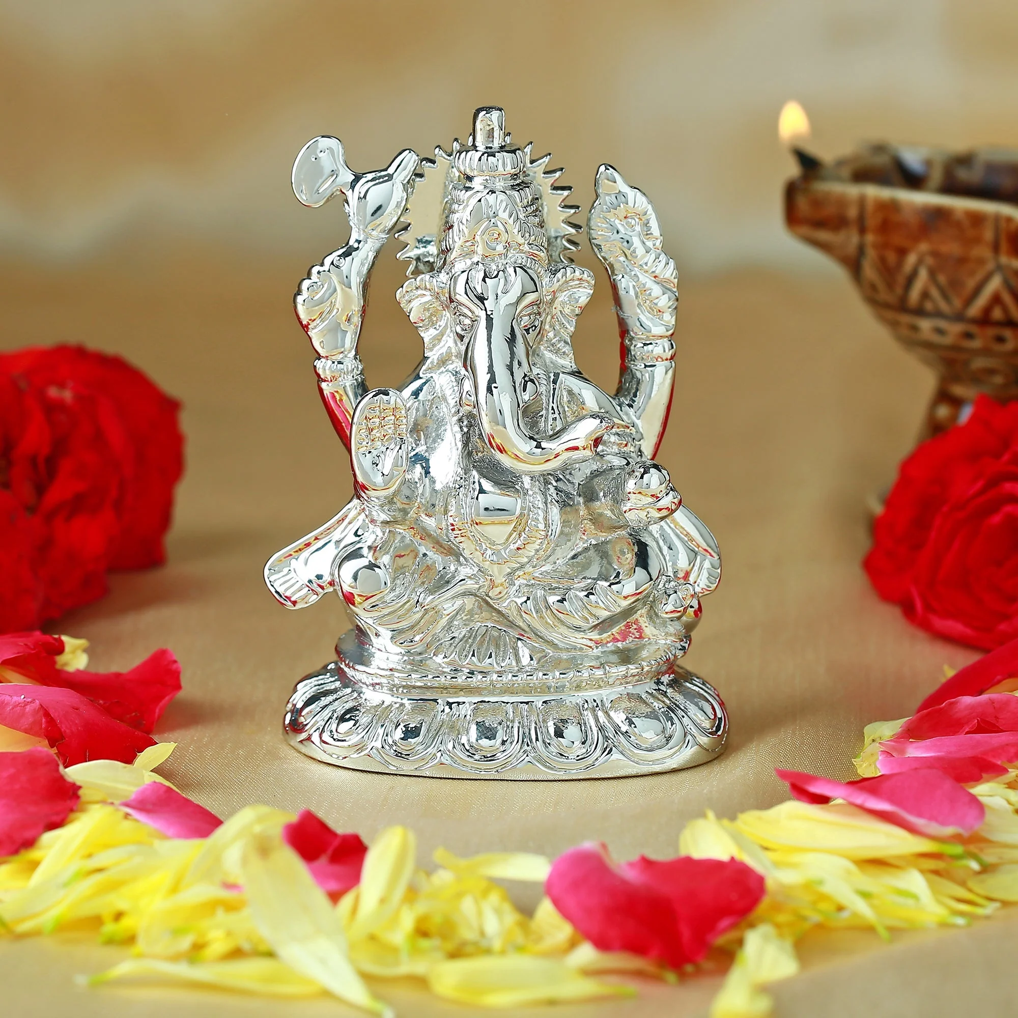 Estele Rhodium Plated Spiritual Lord Ganesh Idol For Gifts & House Warming/Home/Office Decors.