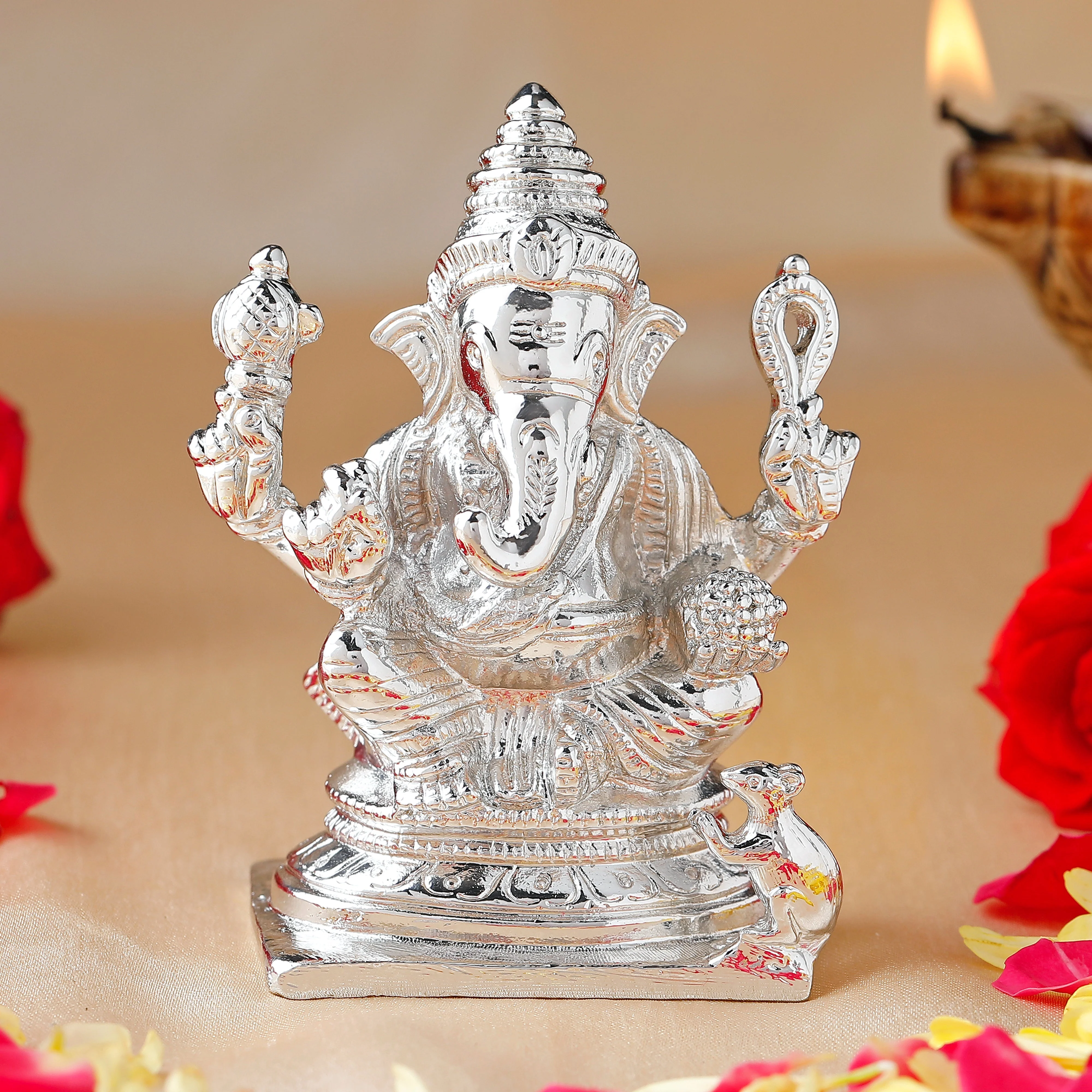Estele Rhodium Plated Spiritual Lord Ganesh Idol For Gifts & House Warming/Home/Office Decors.