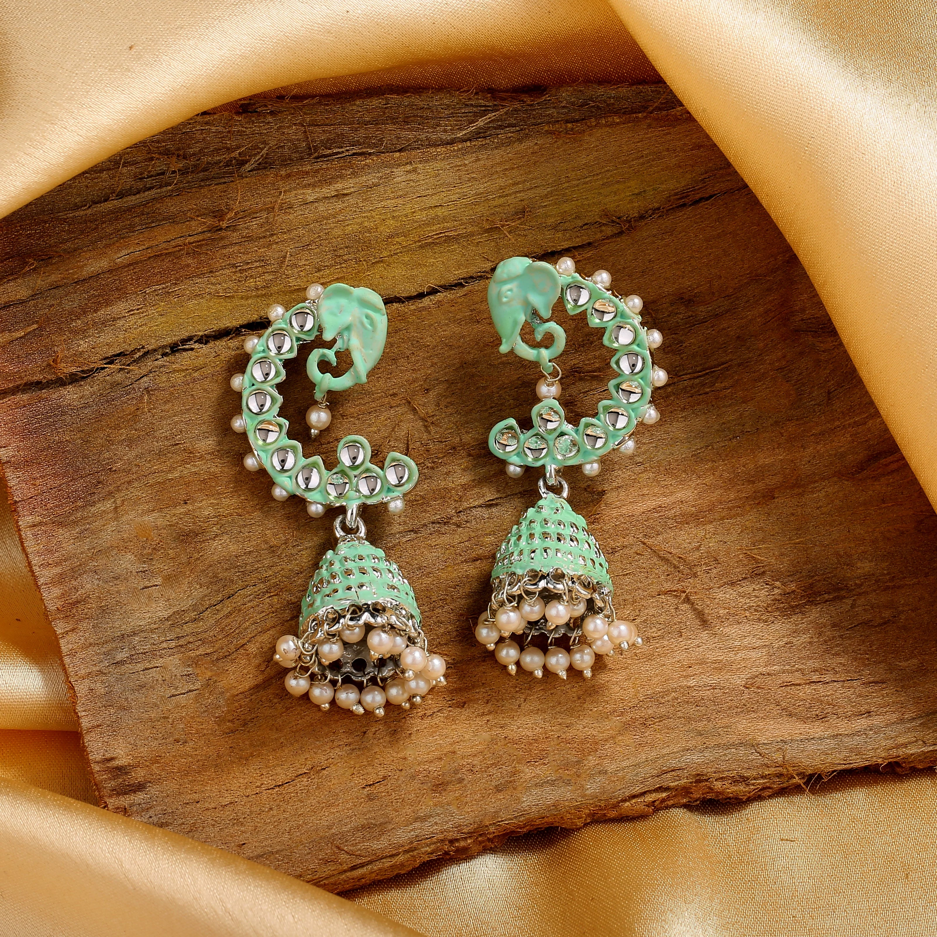 Estele Rhodium Plated Traditional Mint Green Meenakari Jhumka Earrings With Pearls For Women