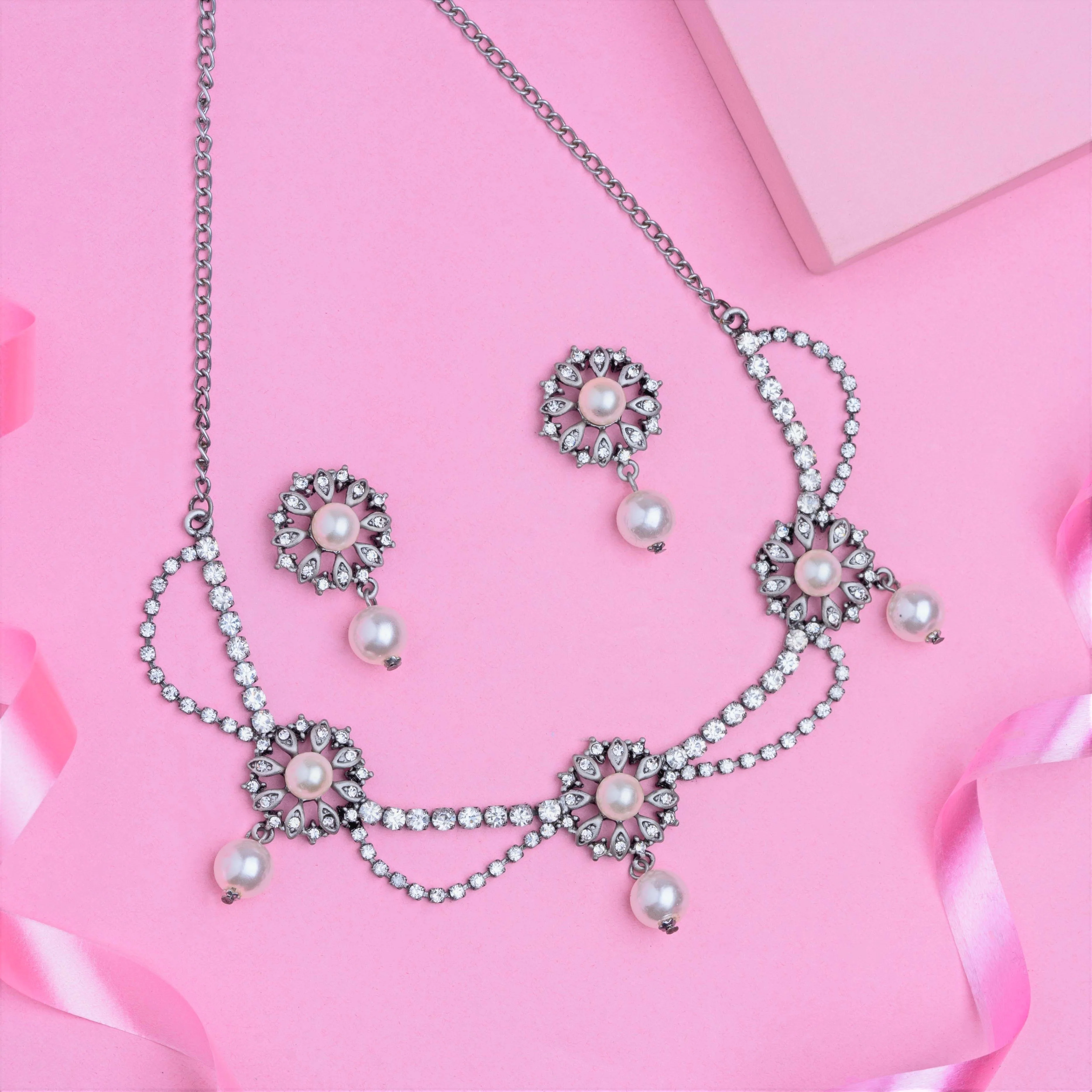 Estele Rhodium Plated Trendy Cz Diamond Designer Necklace Set For Women