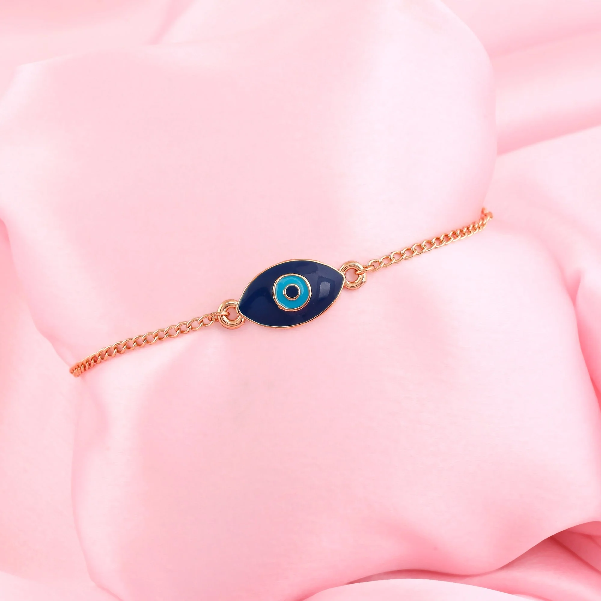 Estele Rose Gold Plated Auspicious Navy Blue Enamel Evil Eye Rakhi Charm Bracelet - Image 2