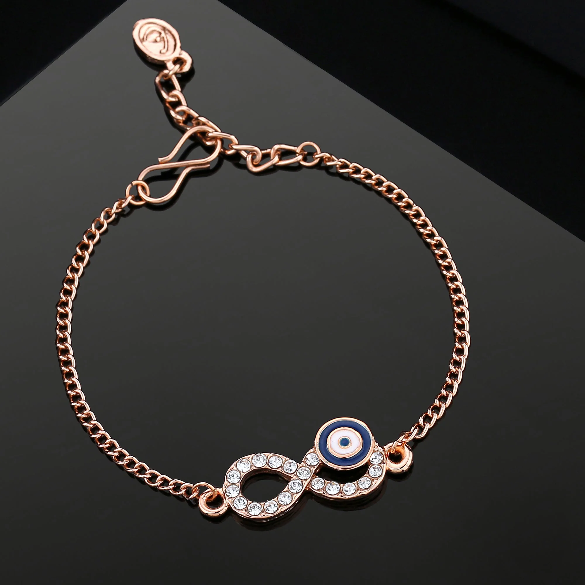 Estele Rose Gold Plated Austrian Crystals Navy Blue Evil Eye Infinity Charm Bracelet - Image 13