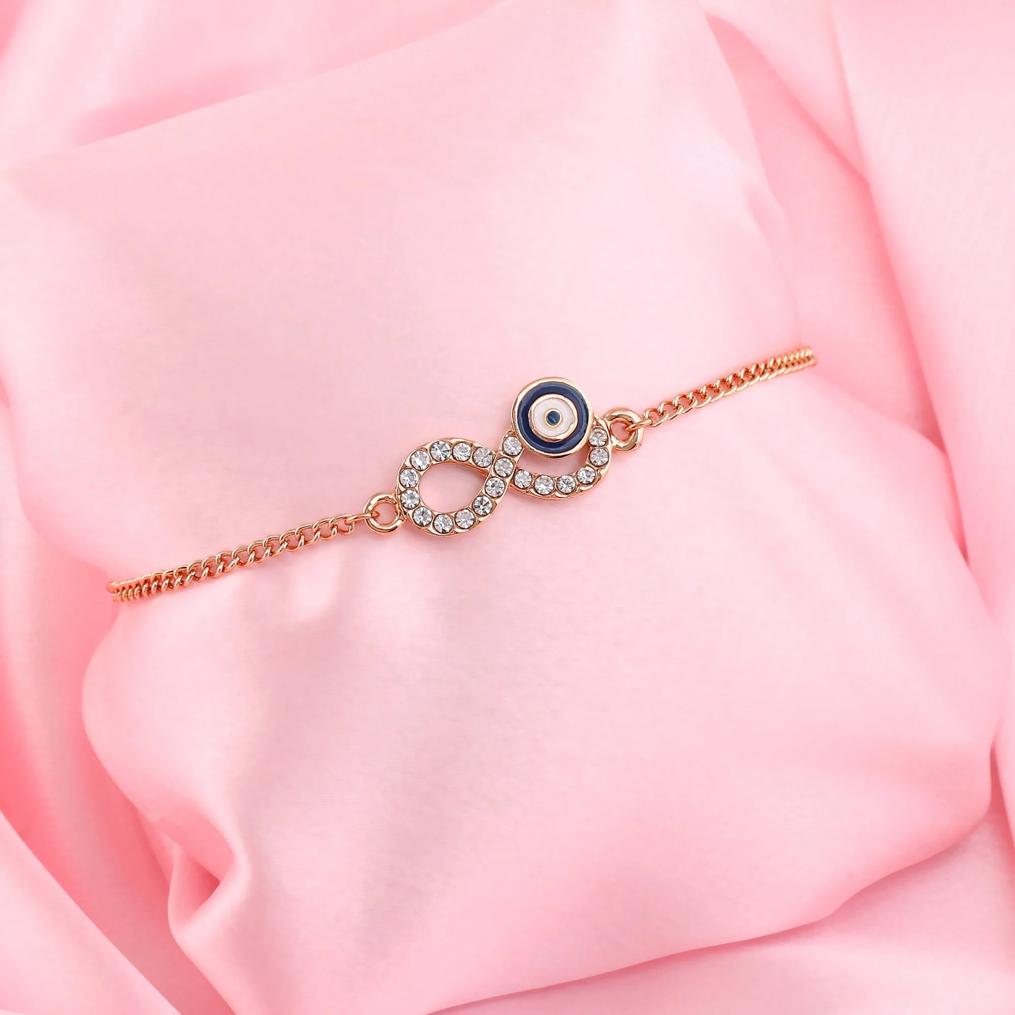 Estele Rose Gold Plated Austrian Crystals Navy Blue Evil Eye Infinity Charm Bracelet - Image 3