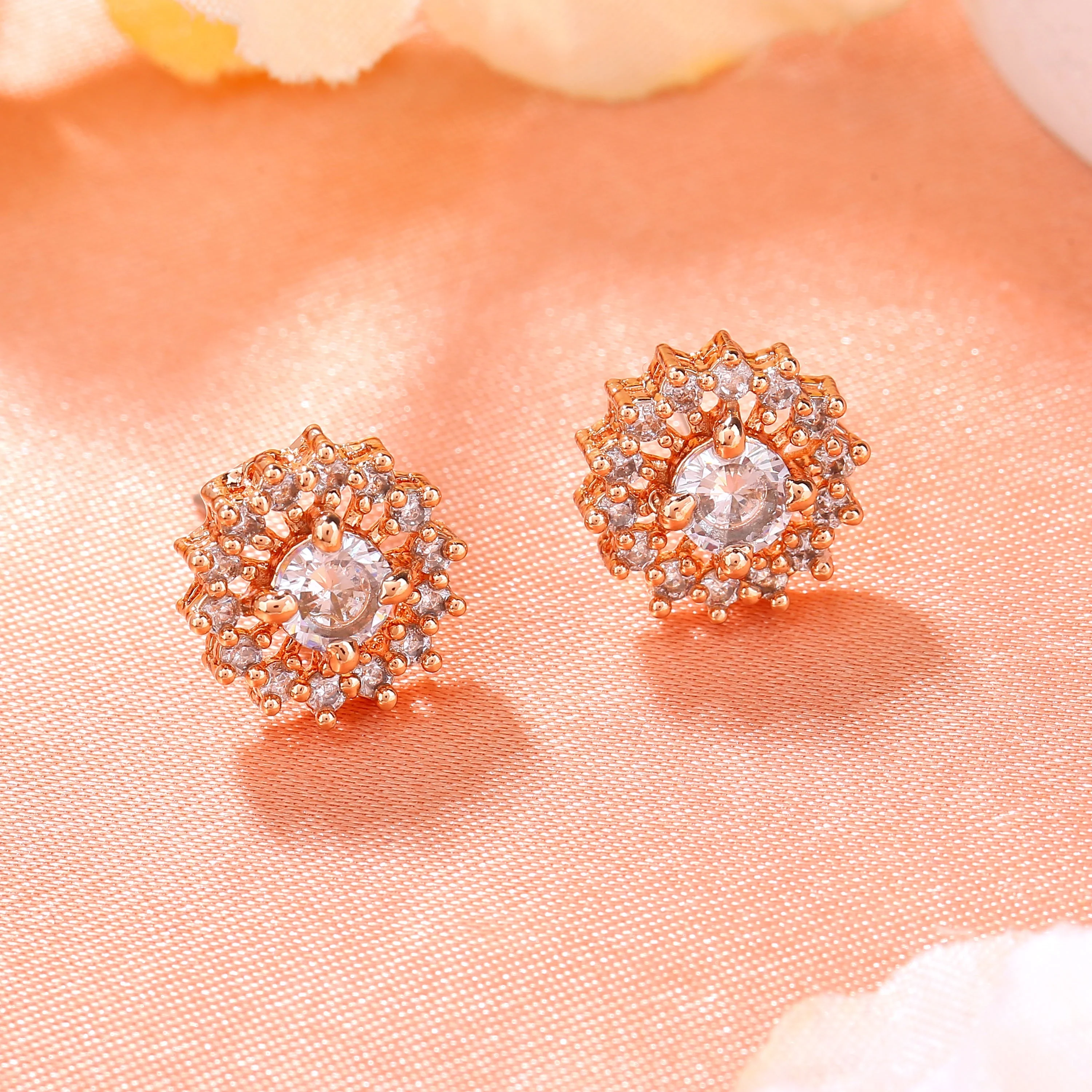 Estele Rose Gold Plated Cz Flower Designer Stud Earrings For Women - Image 8