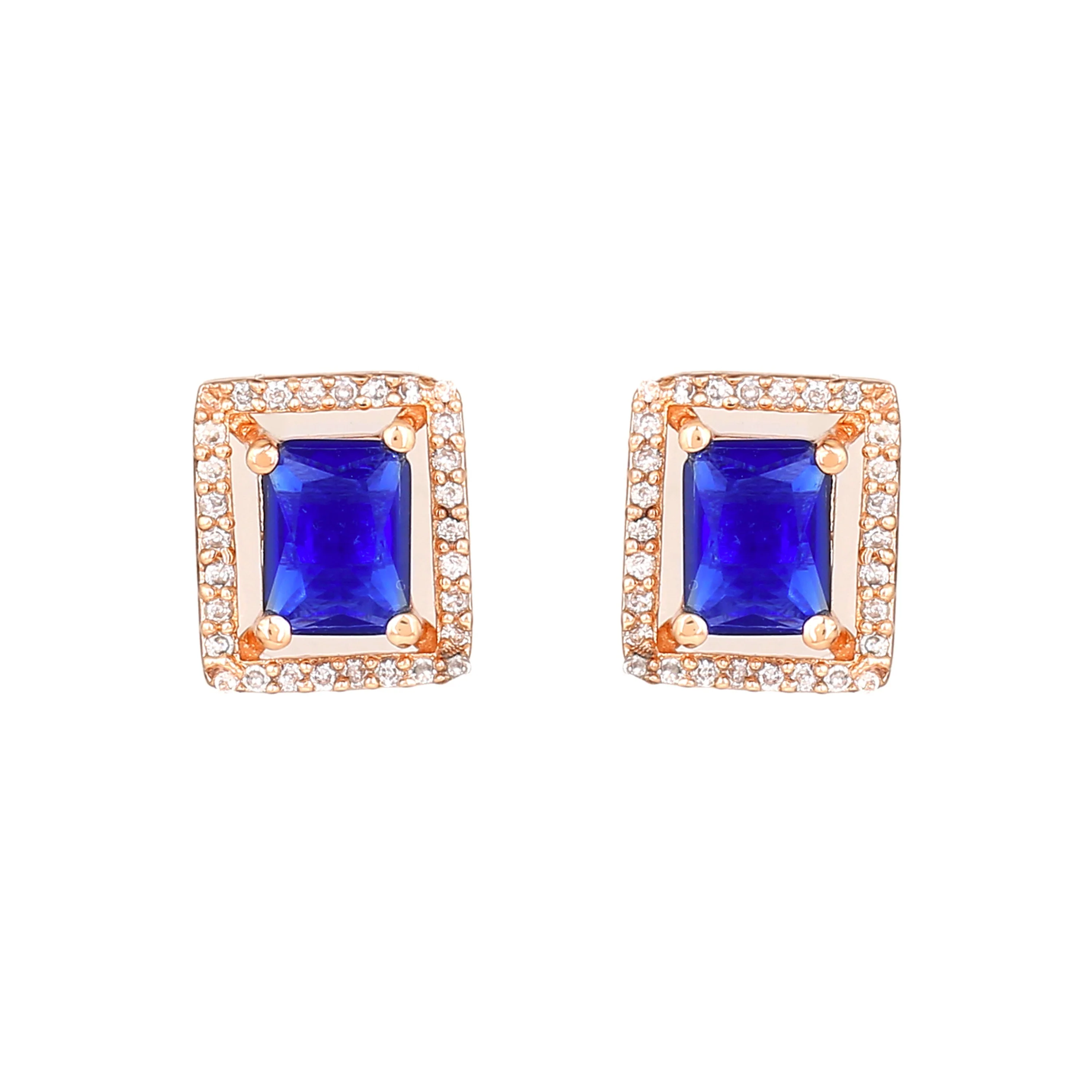 Estele Rose Gold Plated Cz Sparkling Designer Stud Earrings With Blue Crystals For Women - Image 2