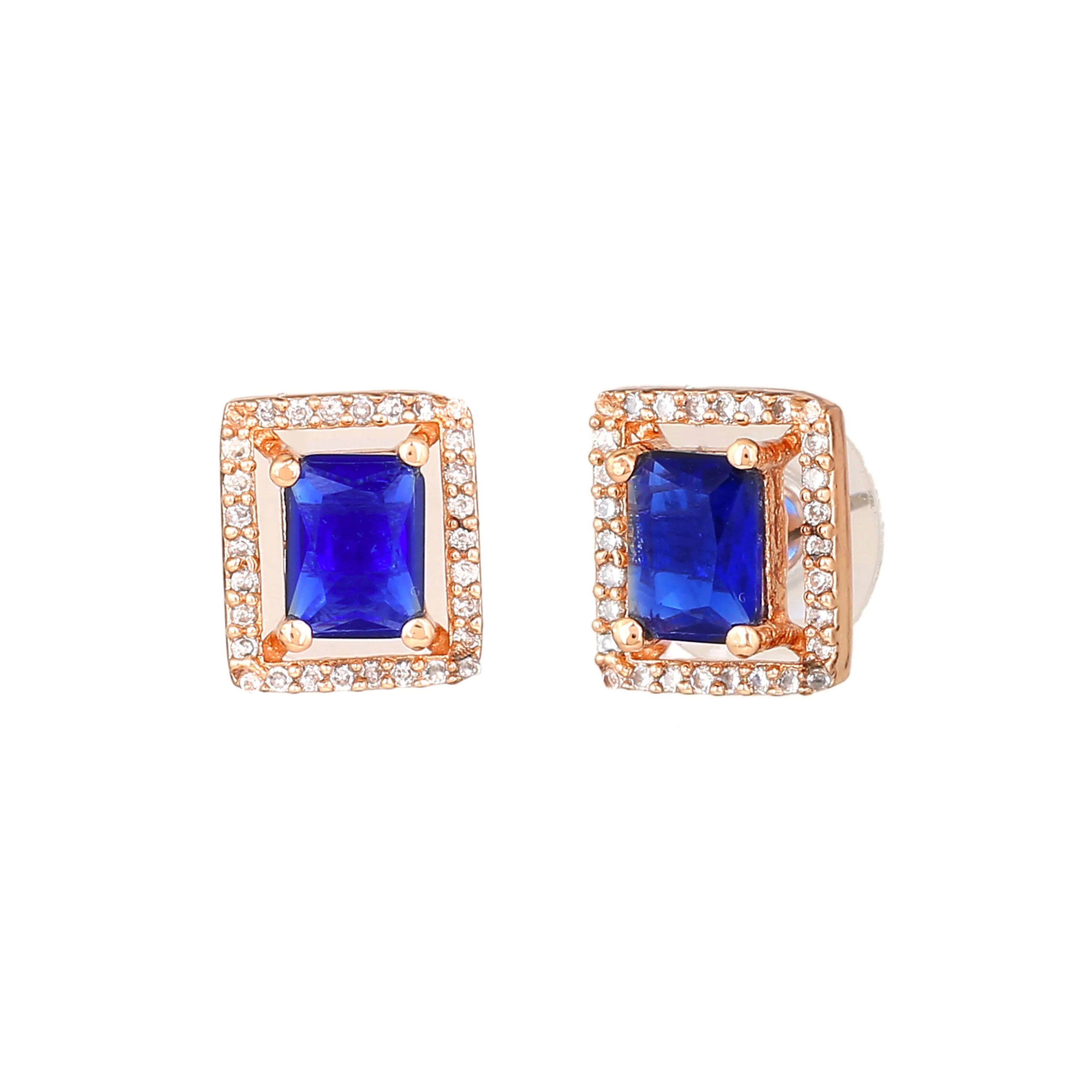 Estele Rose Gold Plated Cz Sparkling Designer Stud Earrings With Blue Crystals For Women - Image 3