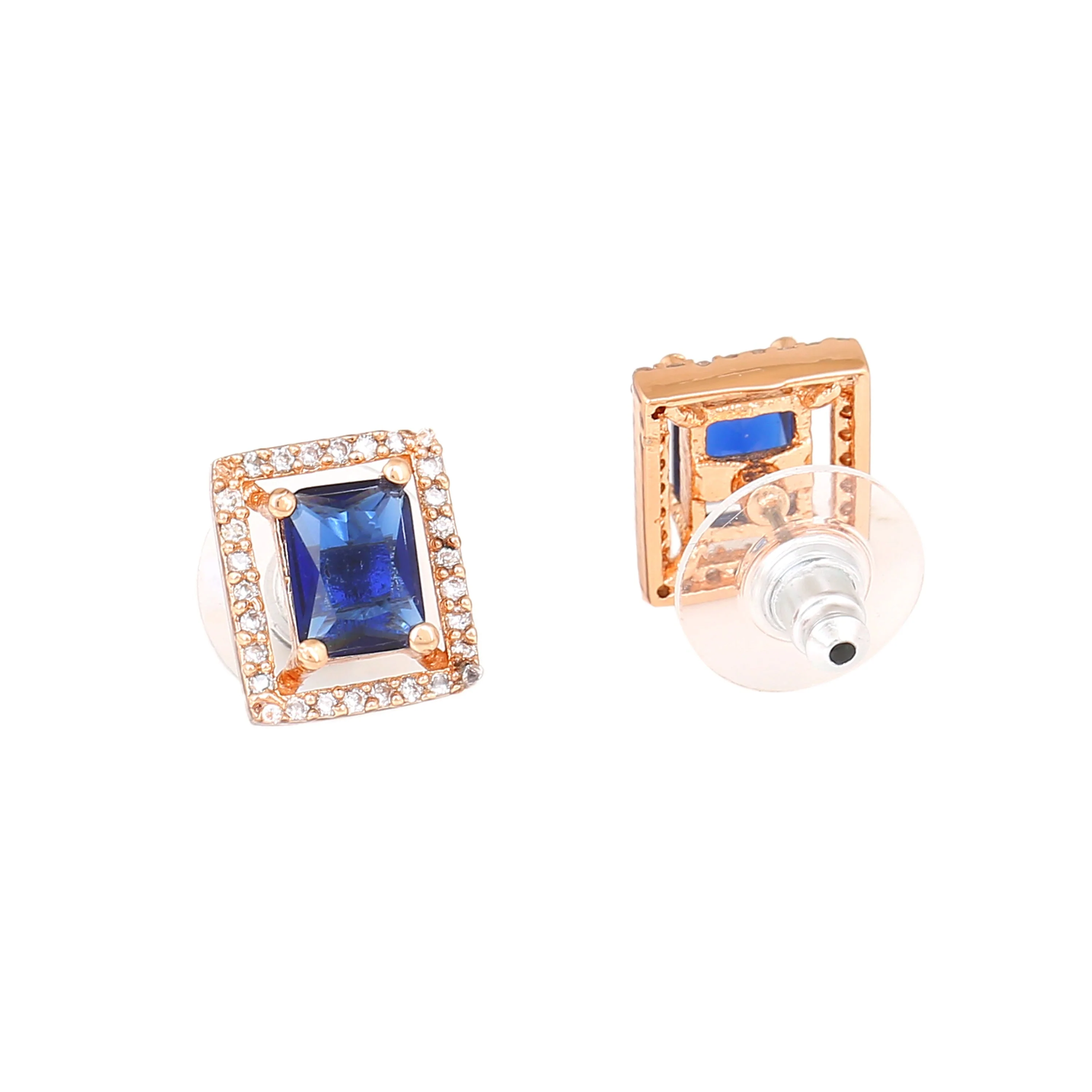 Estele Rose Gold Plated Cz Sparkling Designer Stud Earrings With Blue Crystals For Women - Image 4