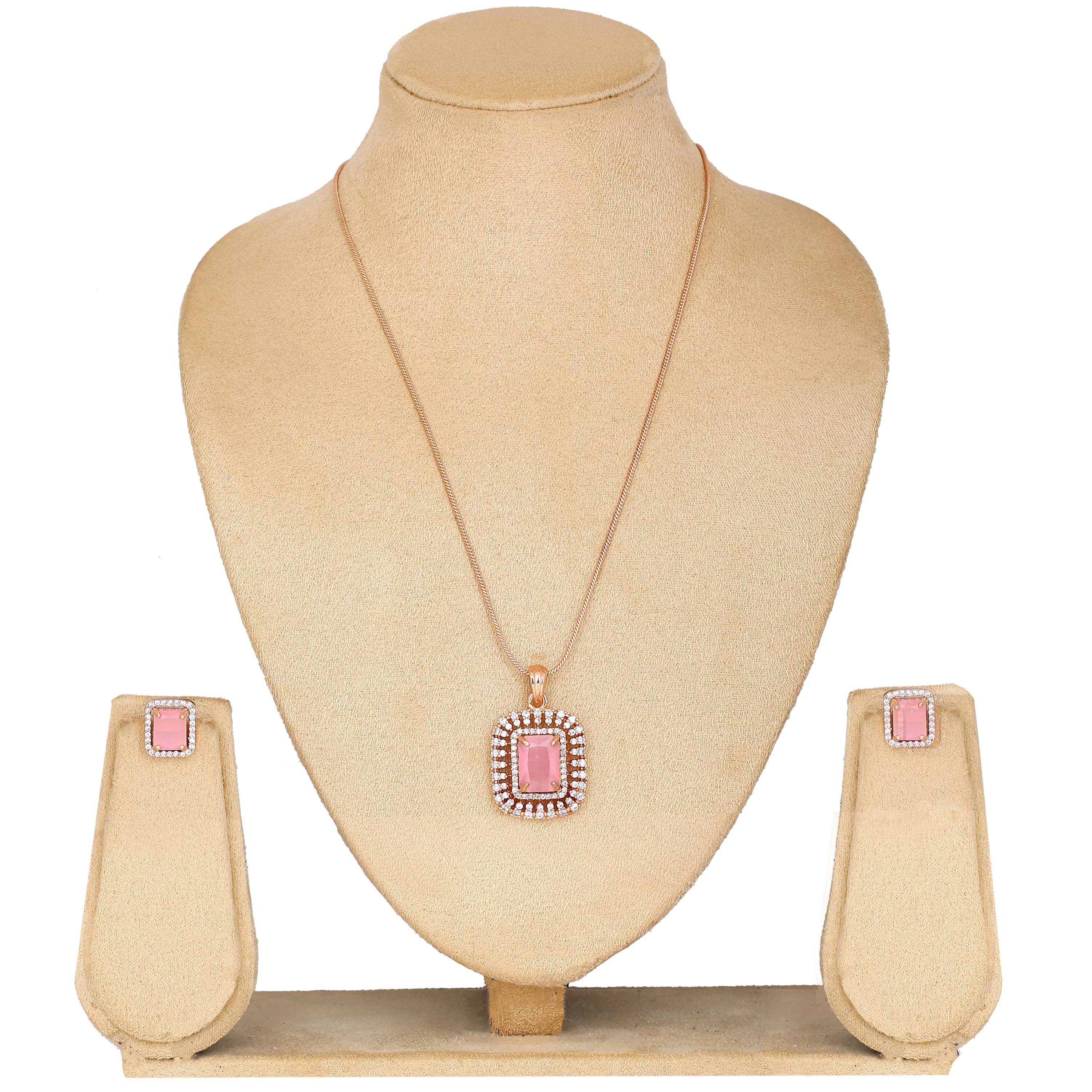 Estele Rose Gold Plated Cz Sparkling Square Designer Pendant Set With Mint Pink Crystals For Women - Image 13