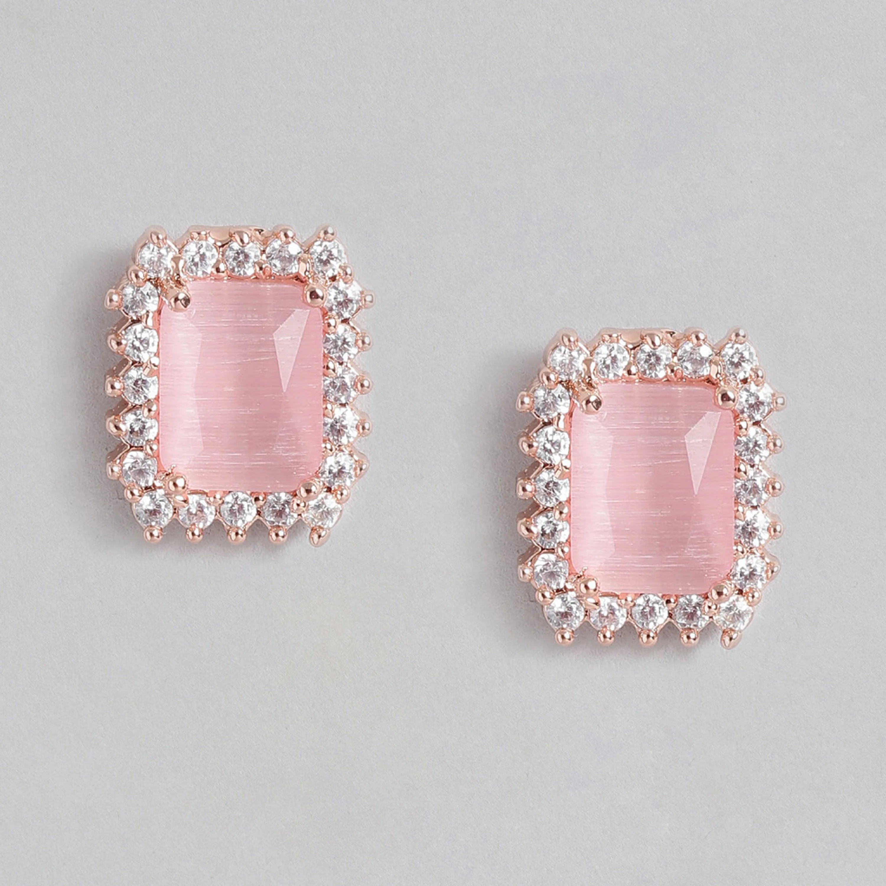 Estele Rose Gold Plated CZ Square Designer Stud Earrings with Mint Pink Stones for Women - Image 2