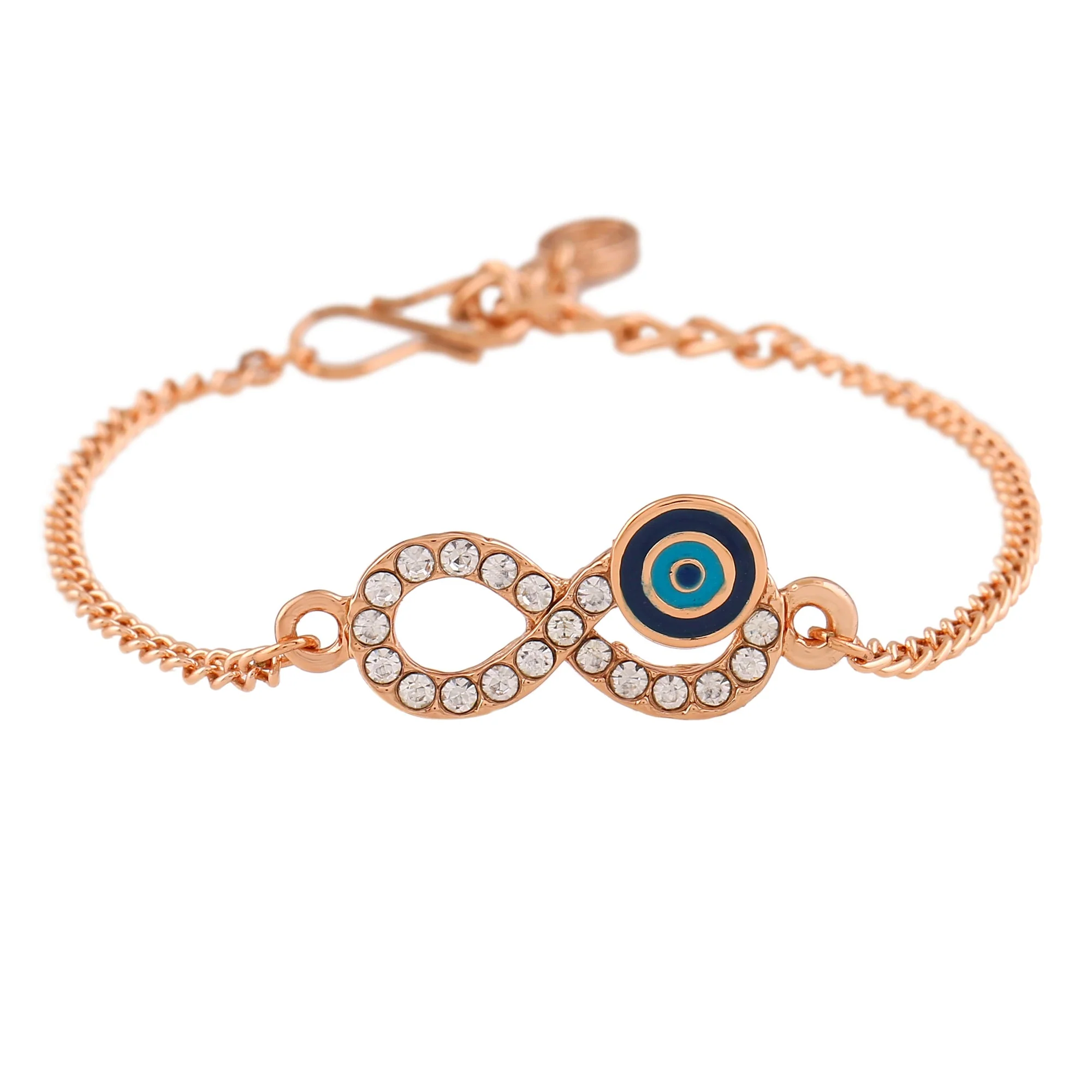 Estele Rose Gold Plated Navy Blue Evil Eye Infinity Rakhi Charm Bracelet with Austrian Crystals - Image 3
