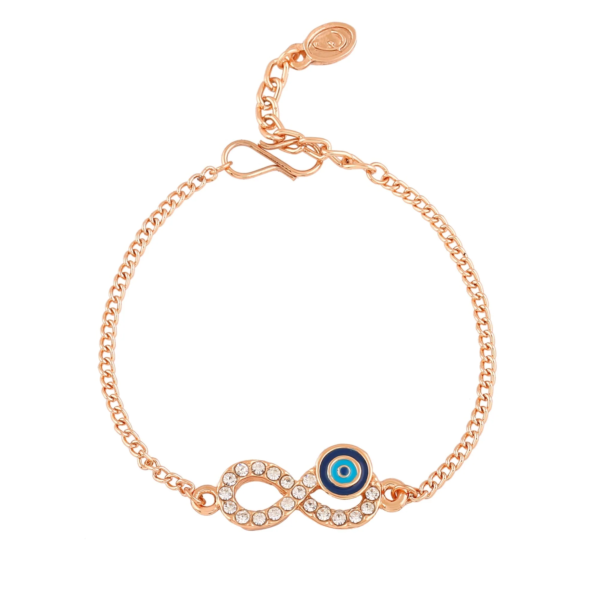 Estele Rose Gold Plated Navy Blue Evil Eye Infinity Rakhi Charm Bracelet with Austrian Crystals - Image 4