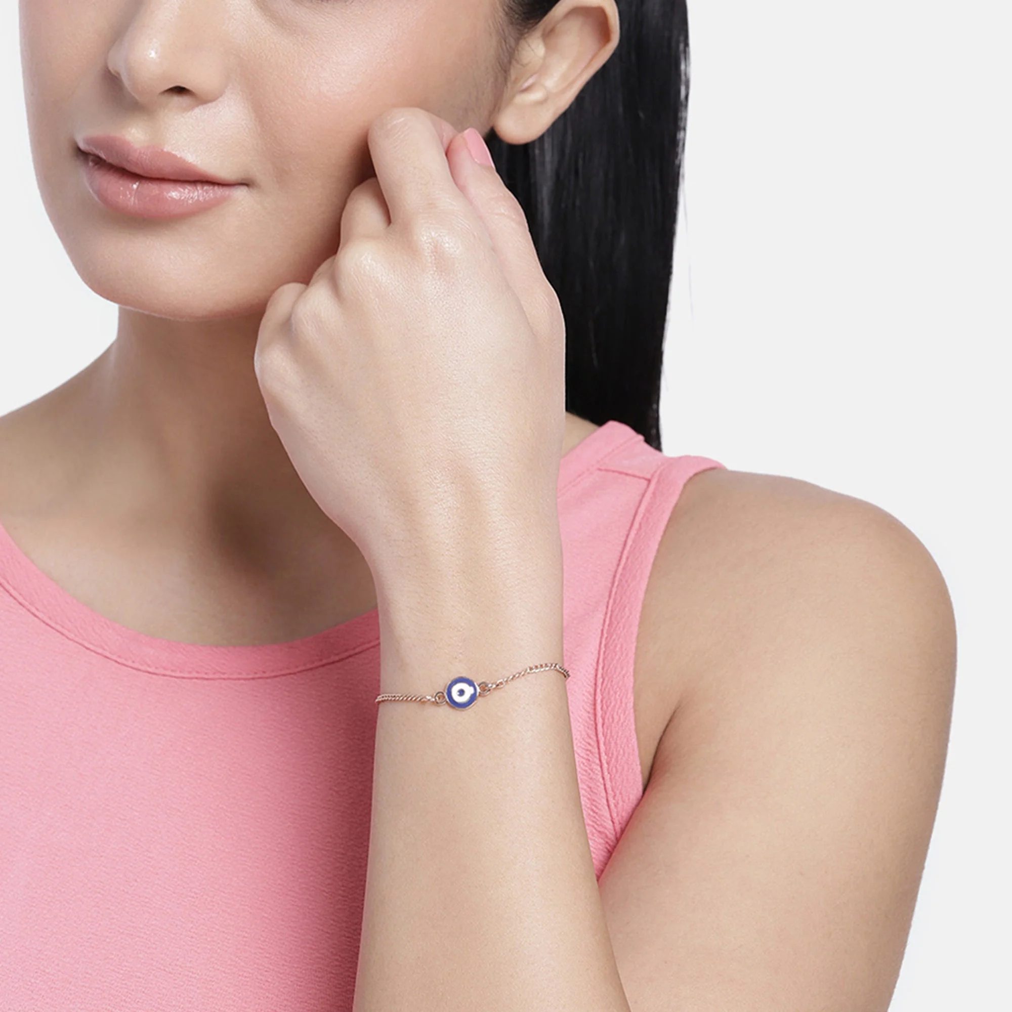 Estele Rose Gold Plated Round Evil Eye Navy Blue & White Rakhi Charm Bracelet