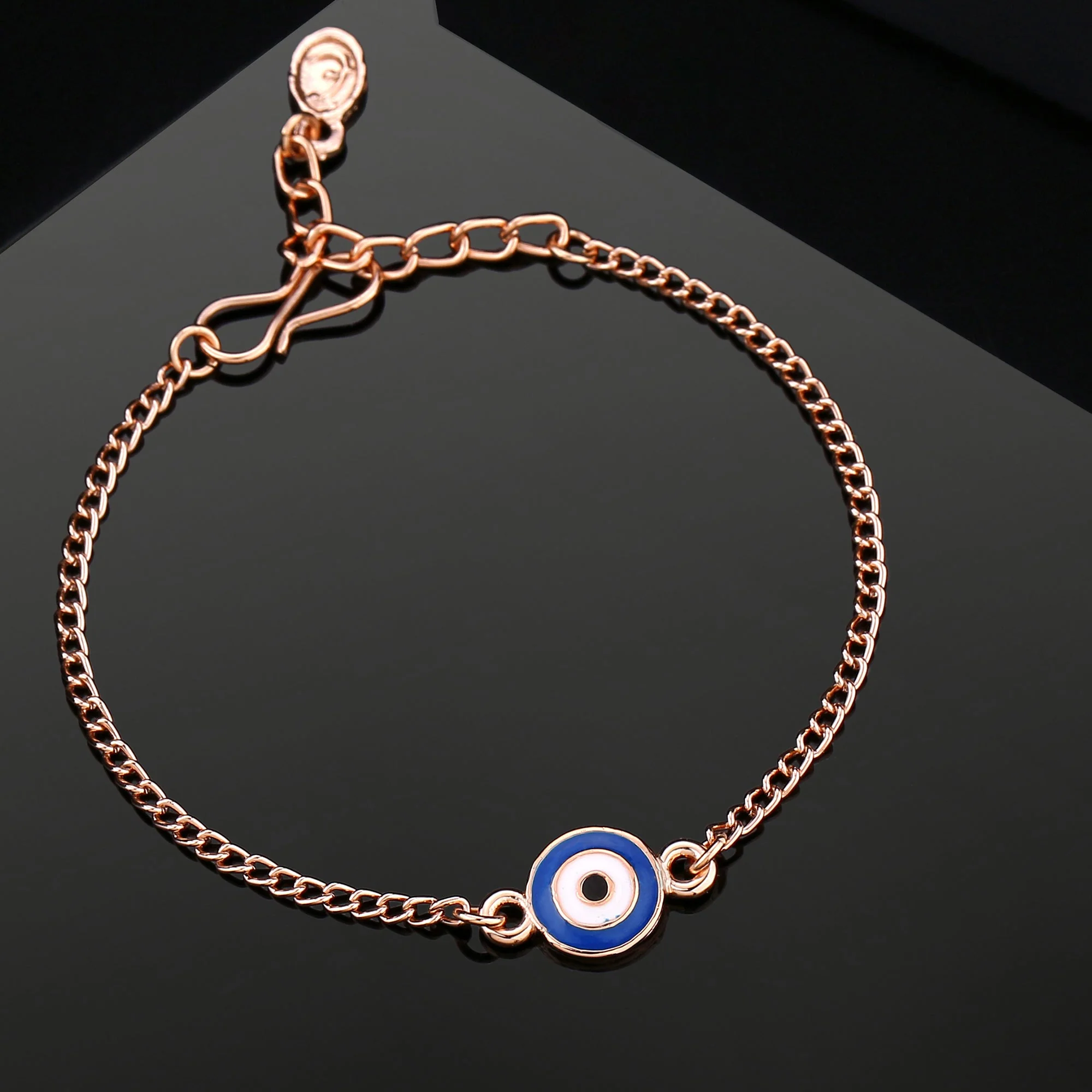 Estele Rose Gold Plated Round Evil Eye Navy Blue & White Rakhi Charm Bracelet - Image 12
