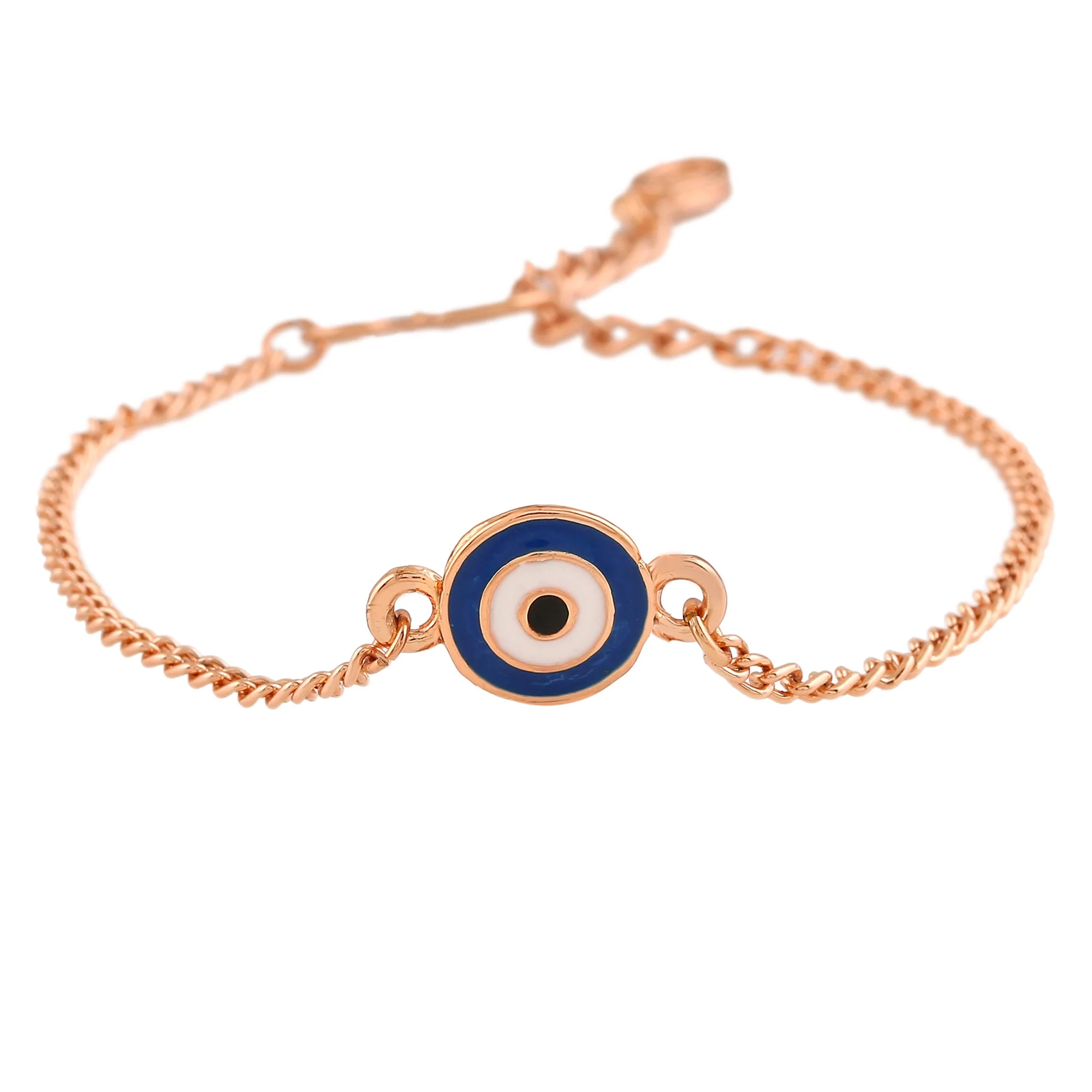 Estele Rose Gold Plated Round Evil Eye Navy Blue & White Rakhi Charm Bracelet - Image 4