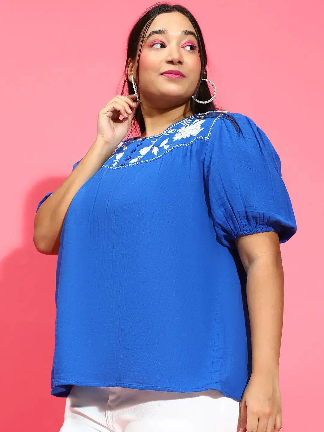 Ethereal Blue Embroidered Short Sleeve Plus Size Loopy Top - Image 3