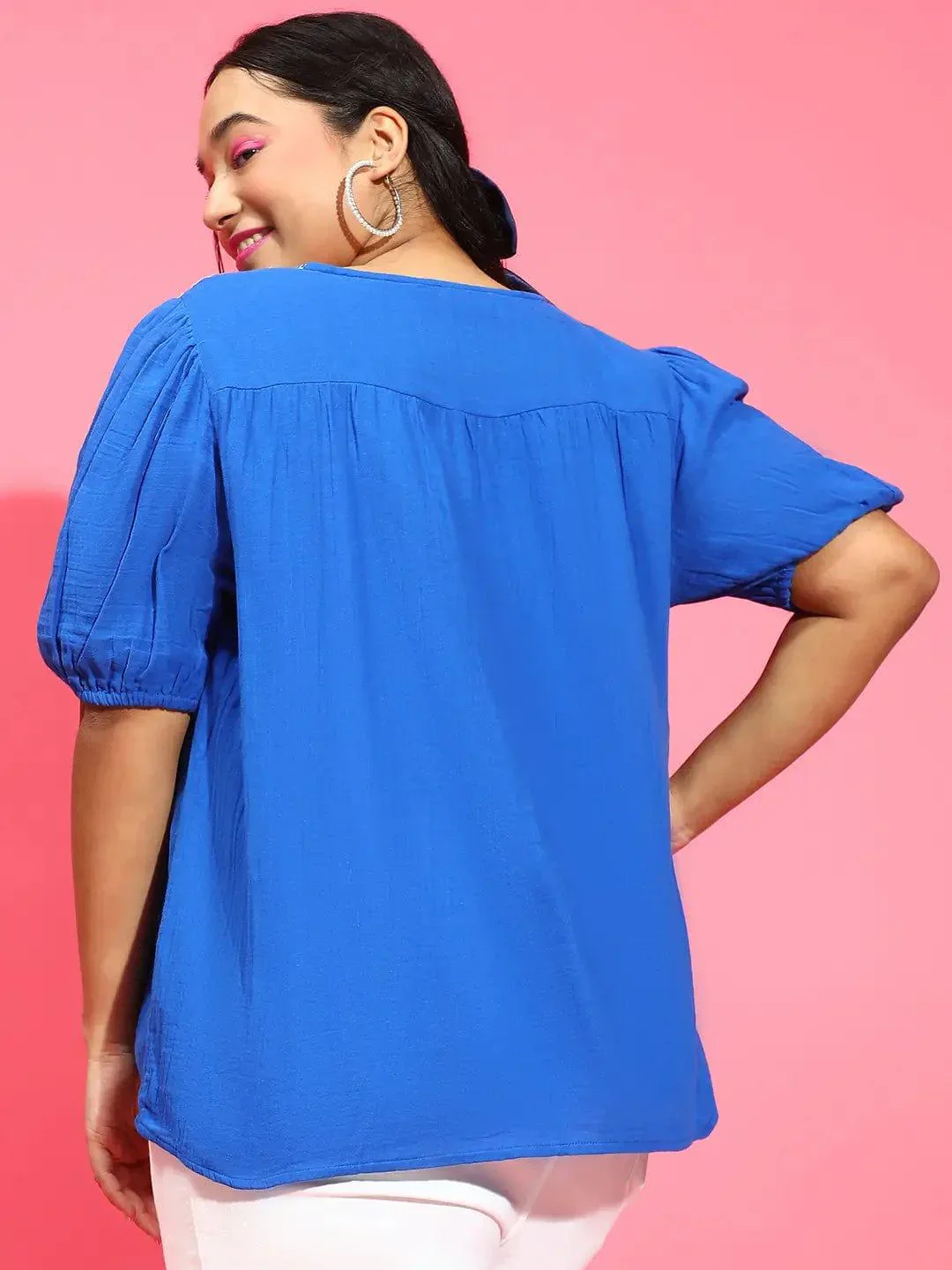 Ethereal Blue Embroidered Short Sleeve Plus Size Loopy Top - Image 5