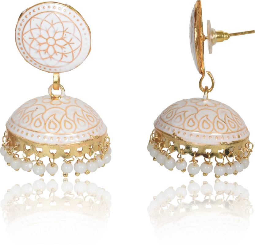 Ethnic Gold Plated Handmade Brass Jhumki/ Jhumka Earrings For Women & Girls (White) - Image 3