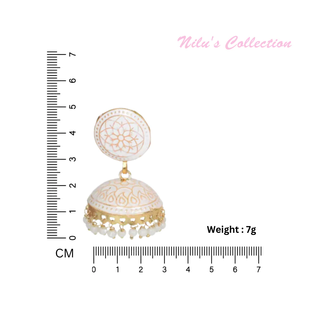 Ethnic Gold Plated Handmade Brass Jhumki/ Jhumka Earrings For Women & Girls (White) - Image 4