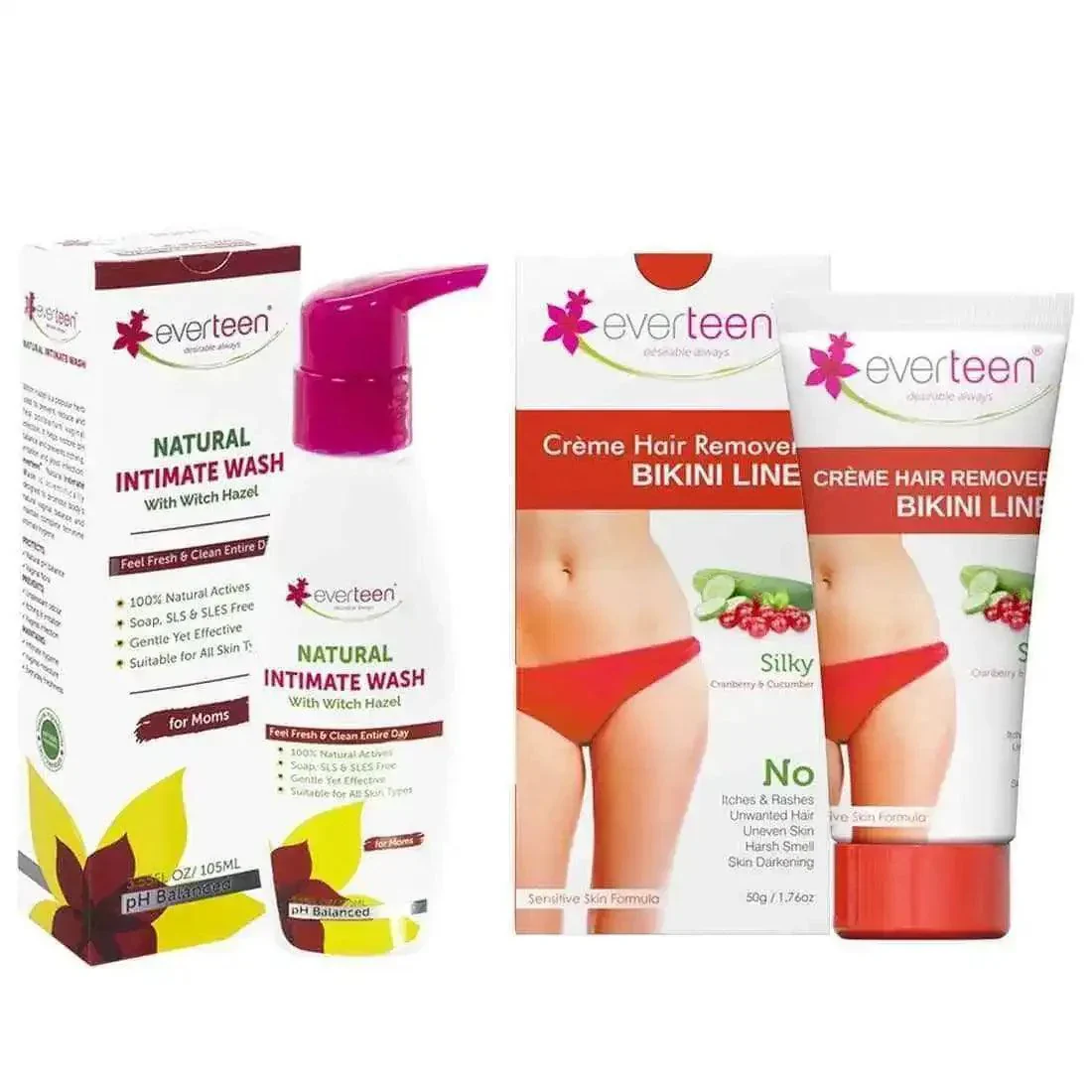 Everteen Combo: Bikini Line Hair Removal Creme Silky And Witch Hazel Intimate Wash For Moms