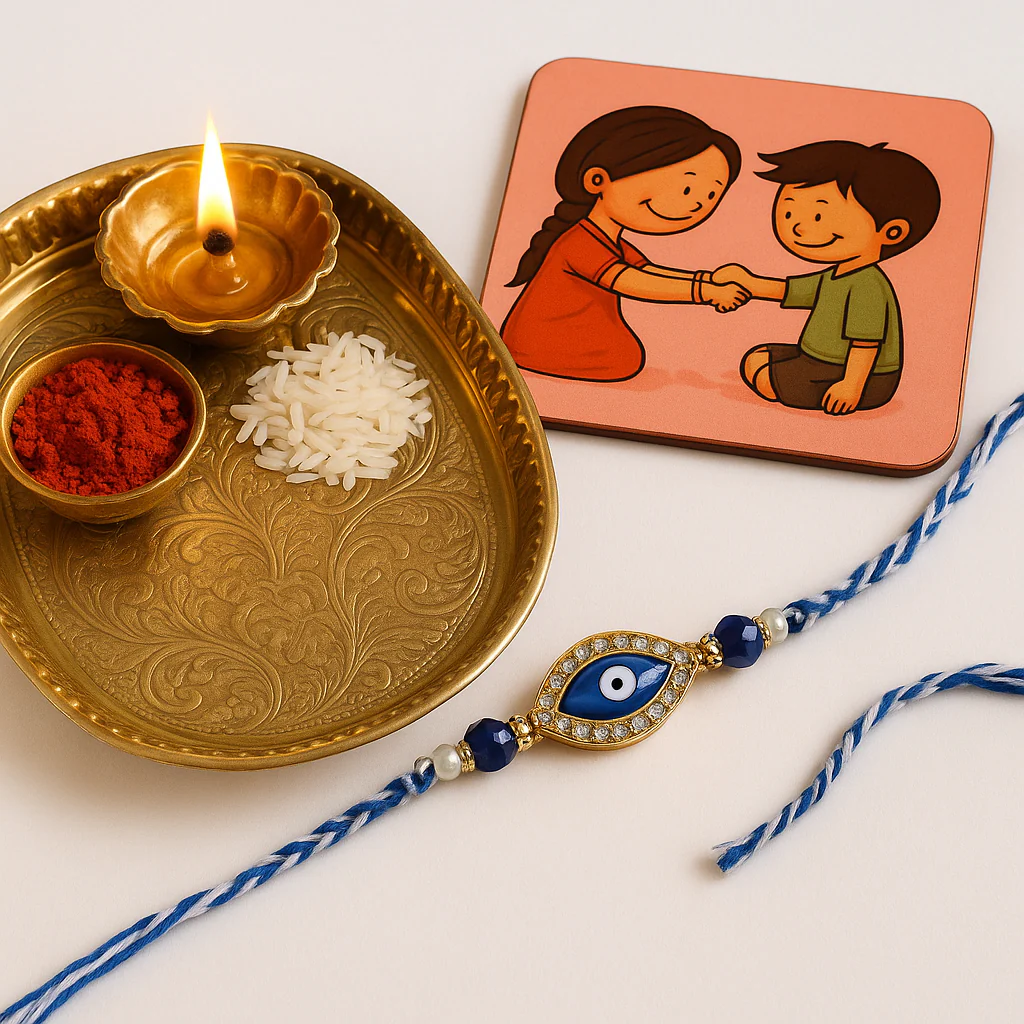 Evil Eye Rakhi with Coaster & Kumkum Chawal | Protective Raksha Bandhan Gift Combo