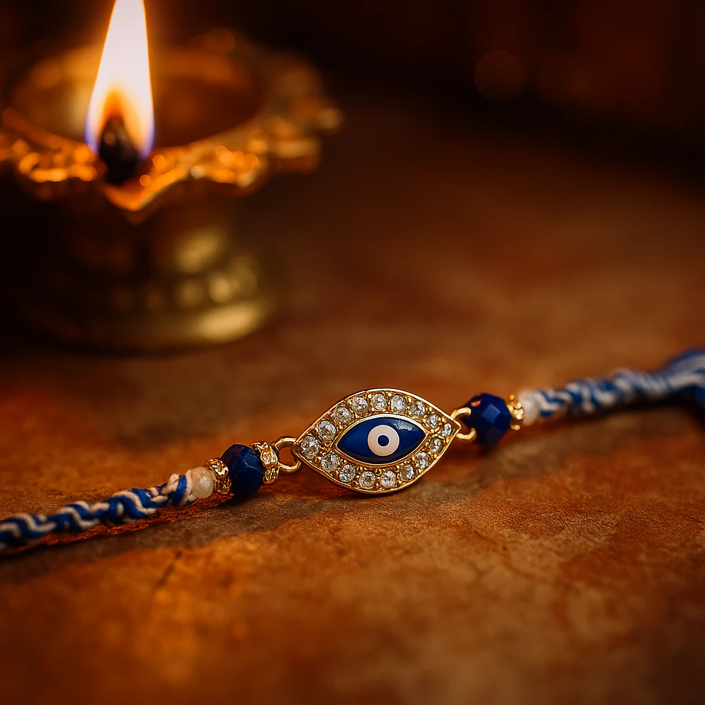 Evil Eye Rakhi with Coaster & Kumkum Chawal | Protective Raksha Bandhan Gift Combo - Image 2