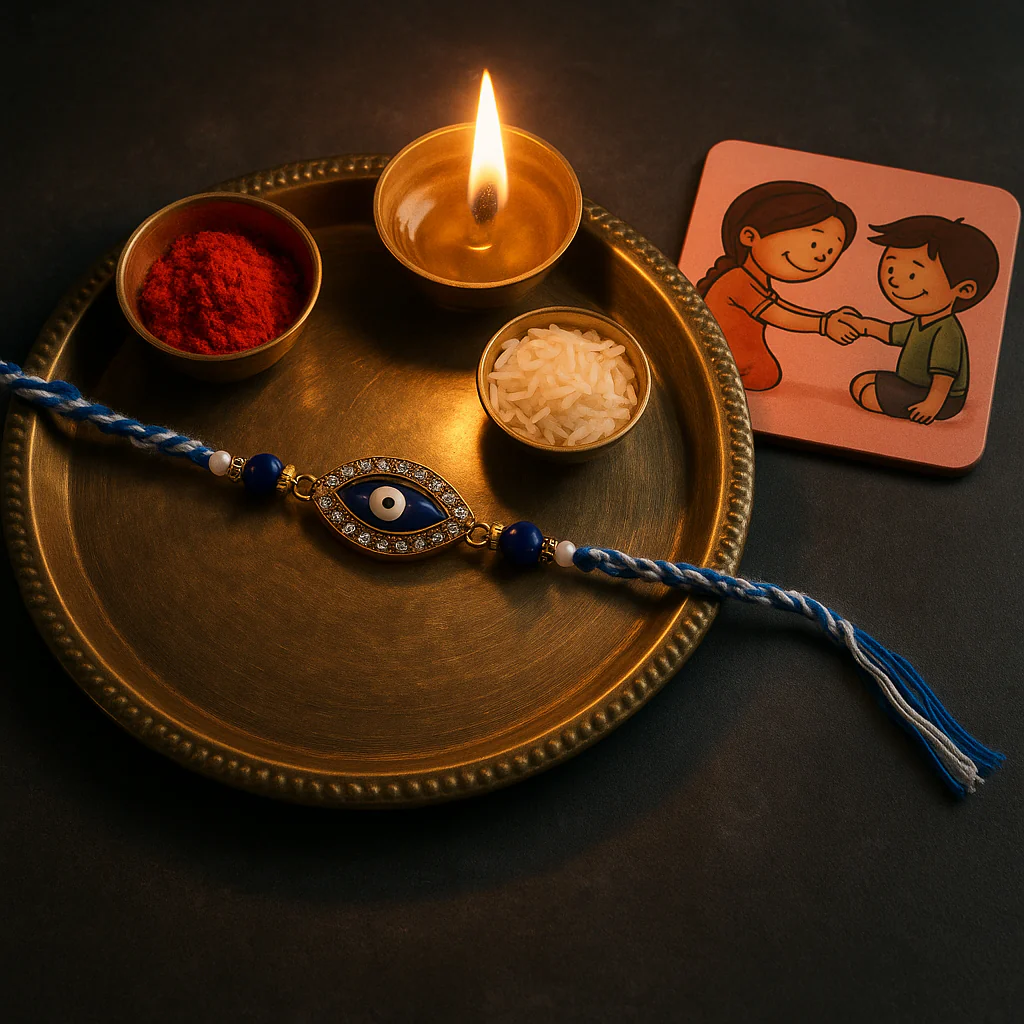 Evil Eye Rakhi with Coaster & Kumkum Chawal | Protective Raksha Bandhan Gift Combo - Image 4