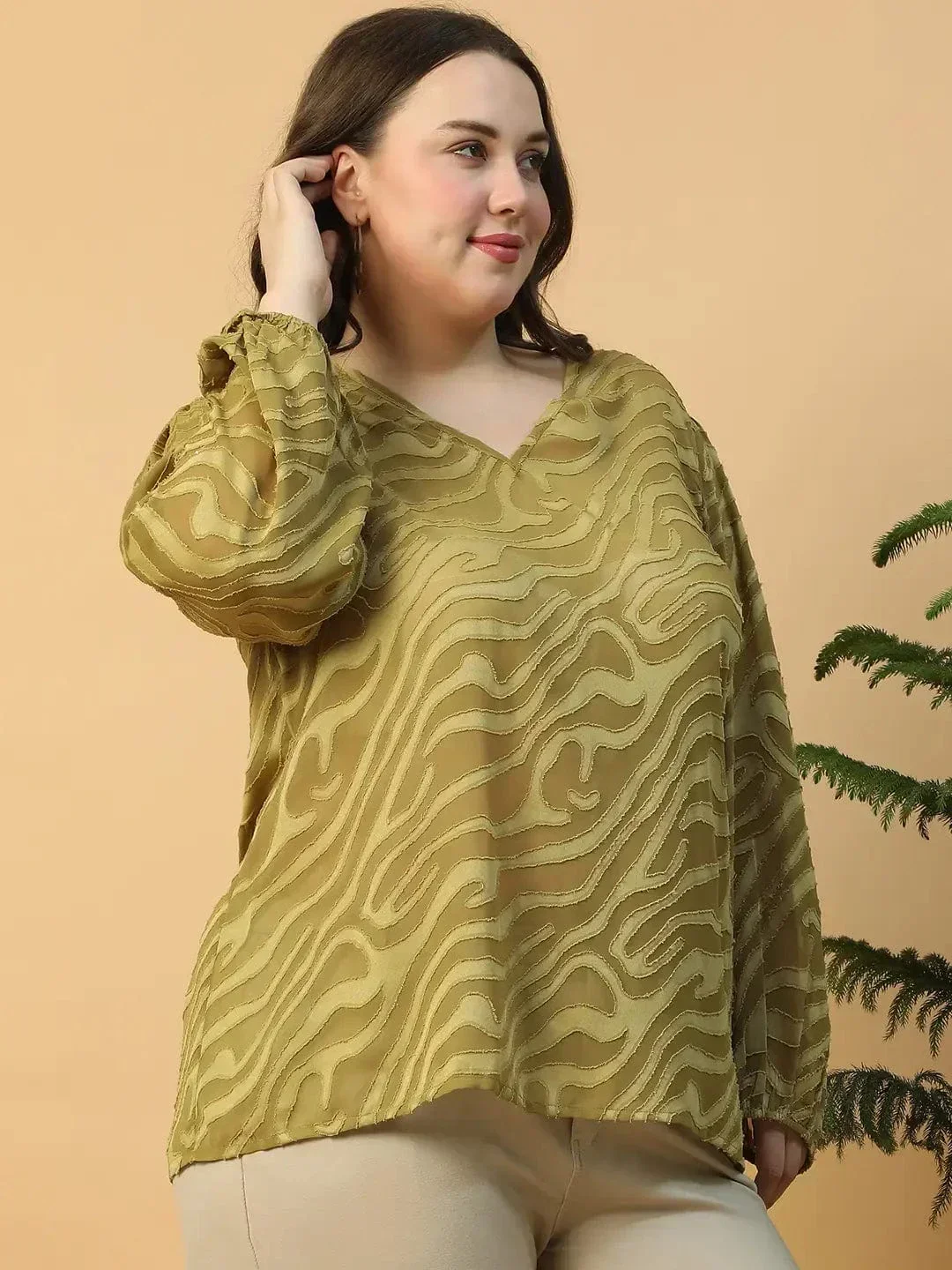 Exclusive Green Long Sleeve Dobby Meld Plus Size Women Top - Image 5