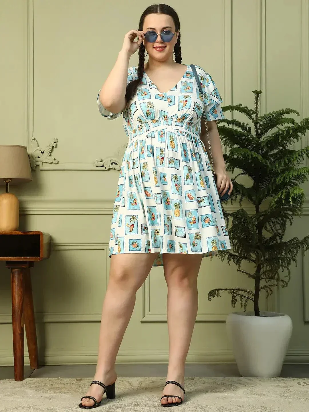 Exquisite Blue Multi Print Short Sleeve Elasticated Smocking Plus Size Women Dress