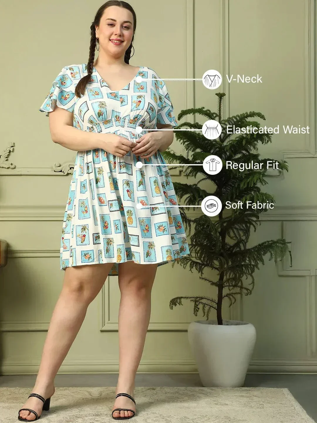 Exquisite Blue Multi Print Short Sleeve Elasticated Smocking Plus Size Women Dress - Image 2