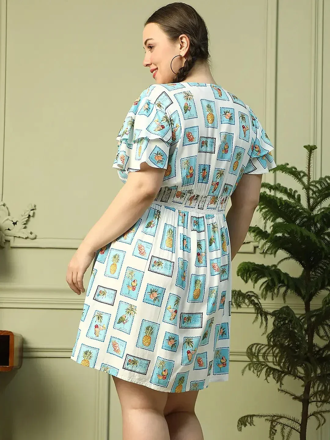 Exquisite Blue Multi Print Short Sleeve Elasticated Smocking Plus Size Women Dress - Image 7