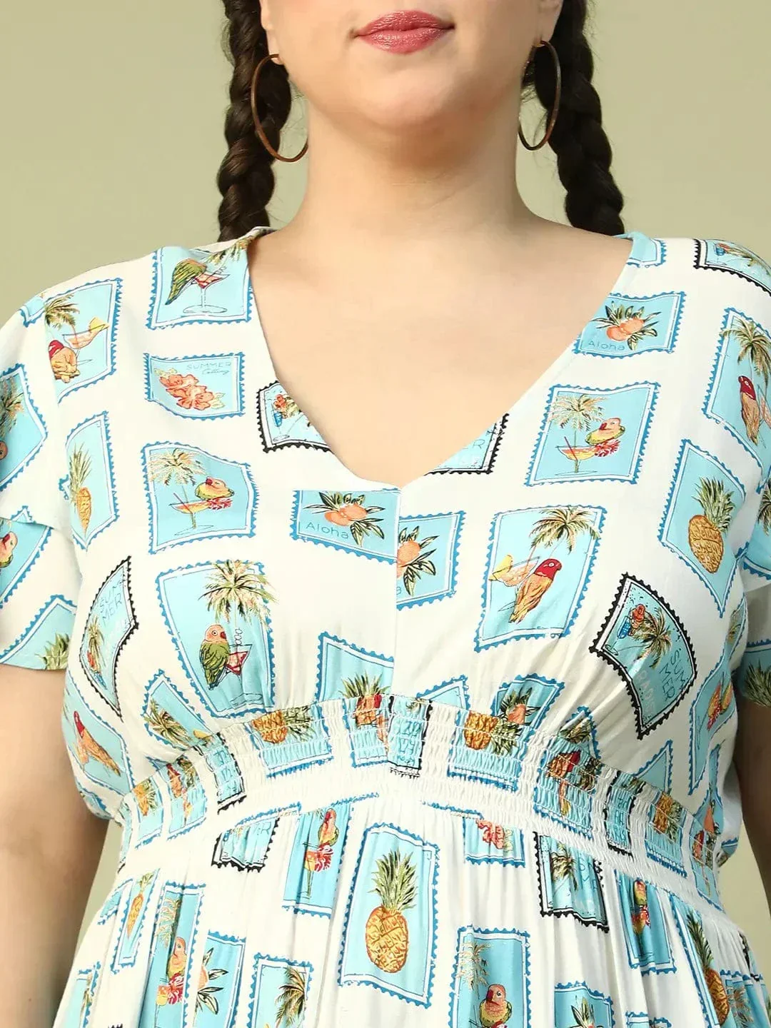 Exquisite Blue Multi Print Short Sleeve Elasticated Smocking Plus Size Women Dress - Image 8