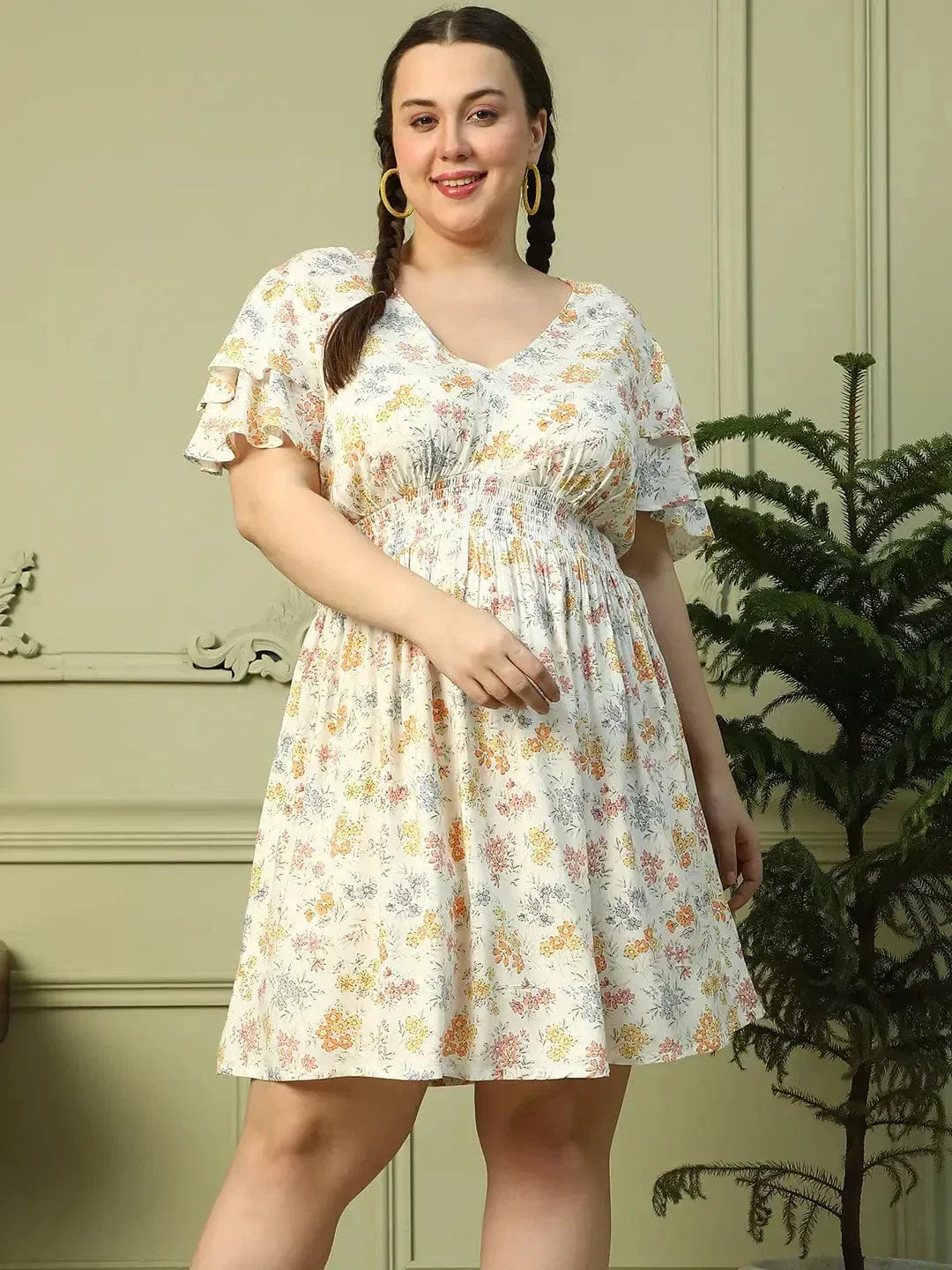 Exquisite White Floral Print Short Sleeve Elasticated Smocking Plus Size Women Dress