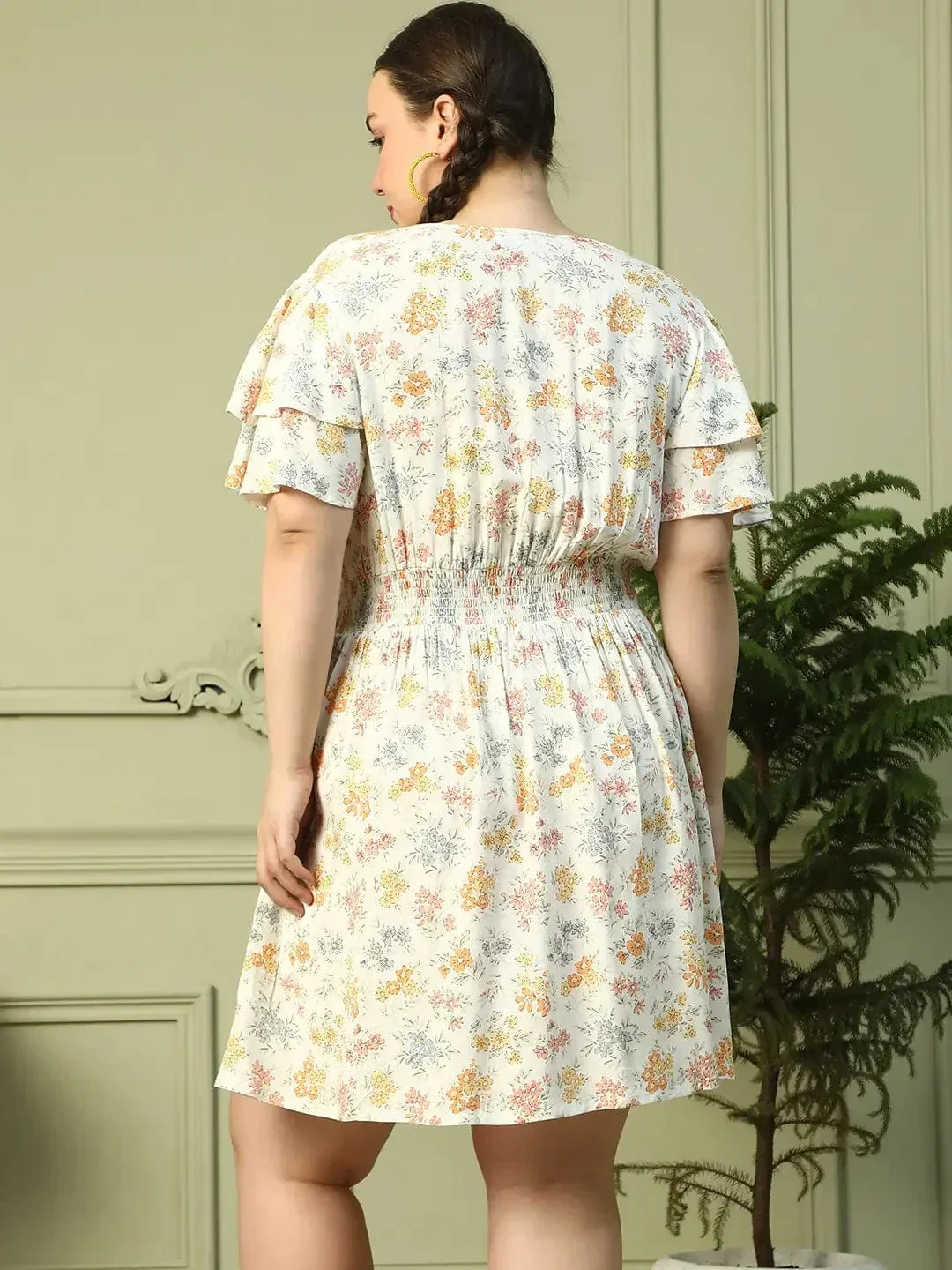 Exquisite White Floral Print Short Sleeve Elasticated Smocking Plus Size Women Dress - Image 6