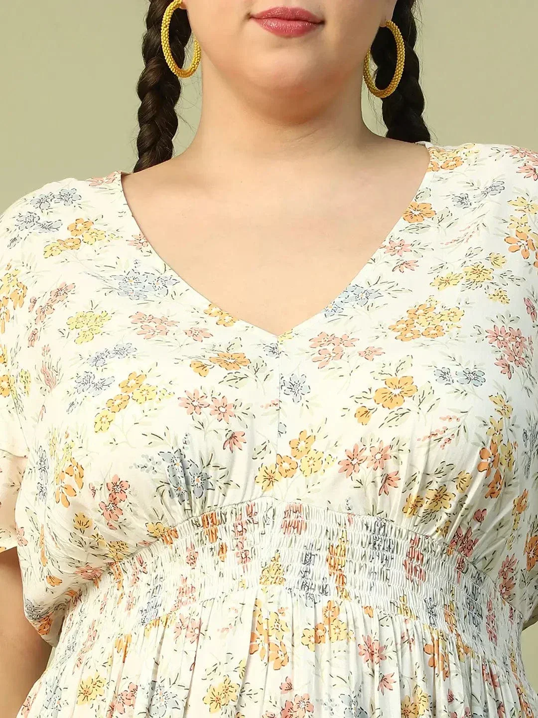 Exquisite White Floral Print Short Sleeve Elasticated Smocking Plus Size Women Dress - Image 7