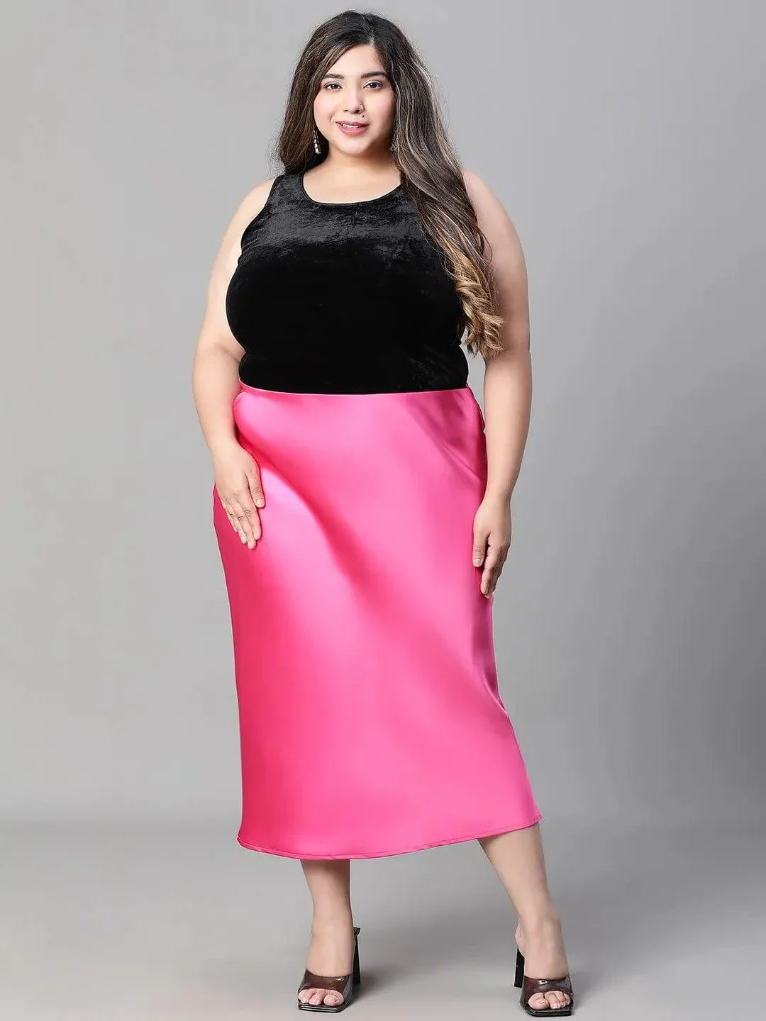 Eye-catchy Elasticated Plus Size Women Knee-length Satin Skirt - Image 2