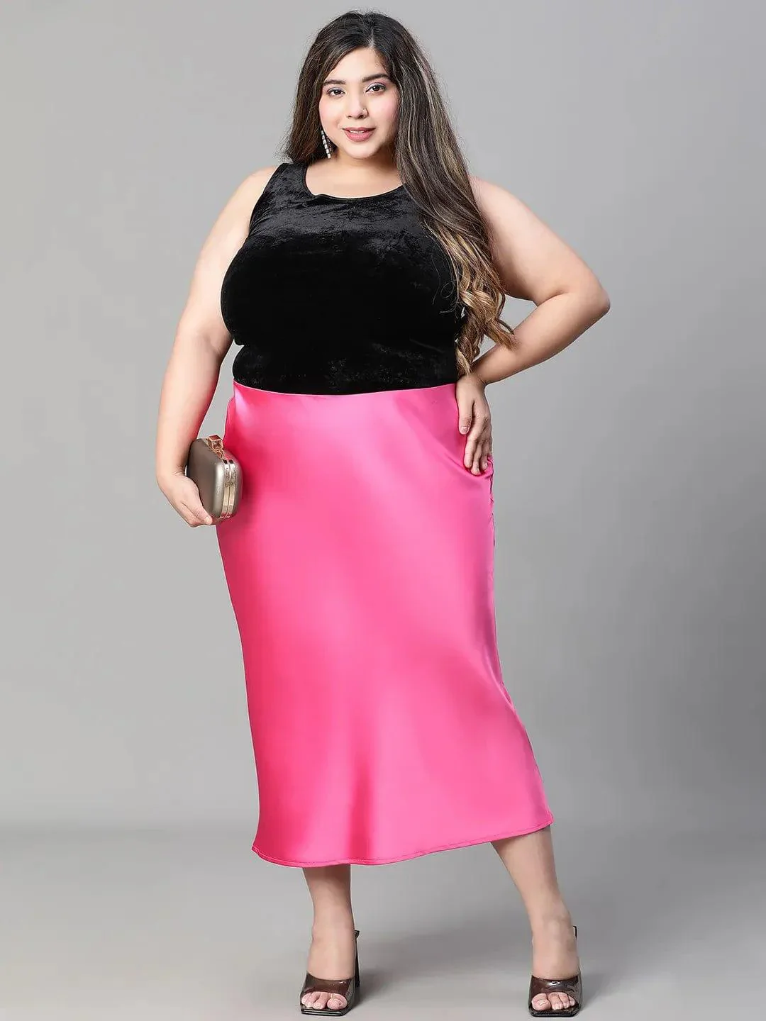 Eye-catchy Elasticated Plus Size Women Knee-length Satin Skirt - Image 7