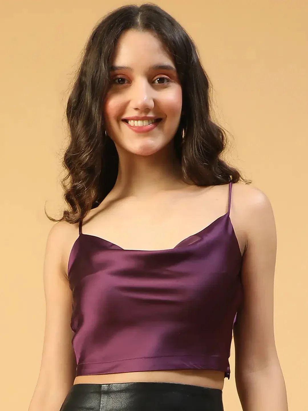 Eye-Catchy Solid Purple Shoulder Strap Cowl Neck Women Satin Partywear Crop Top