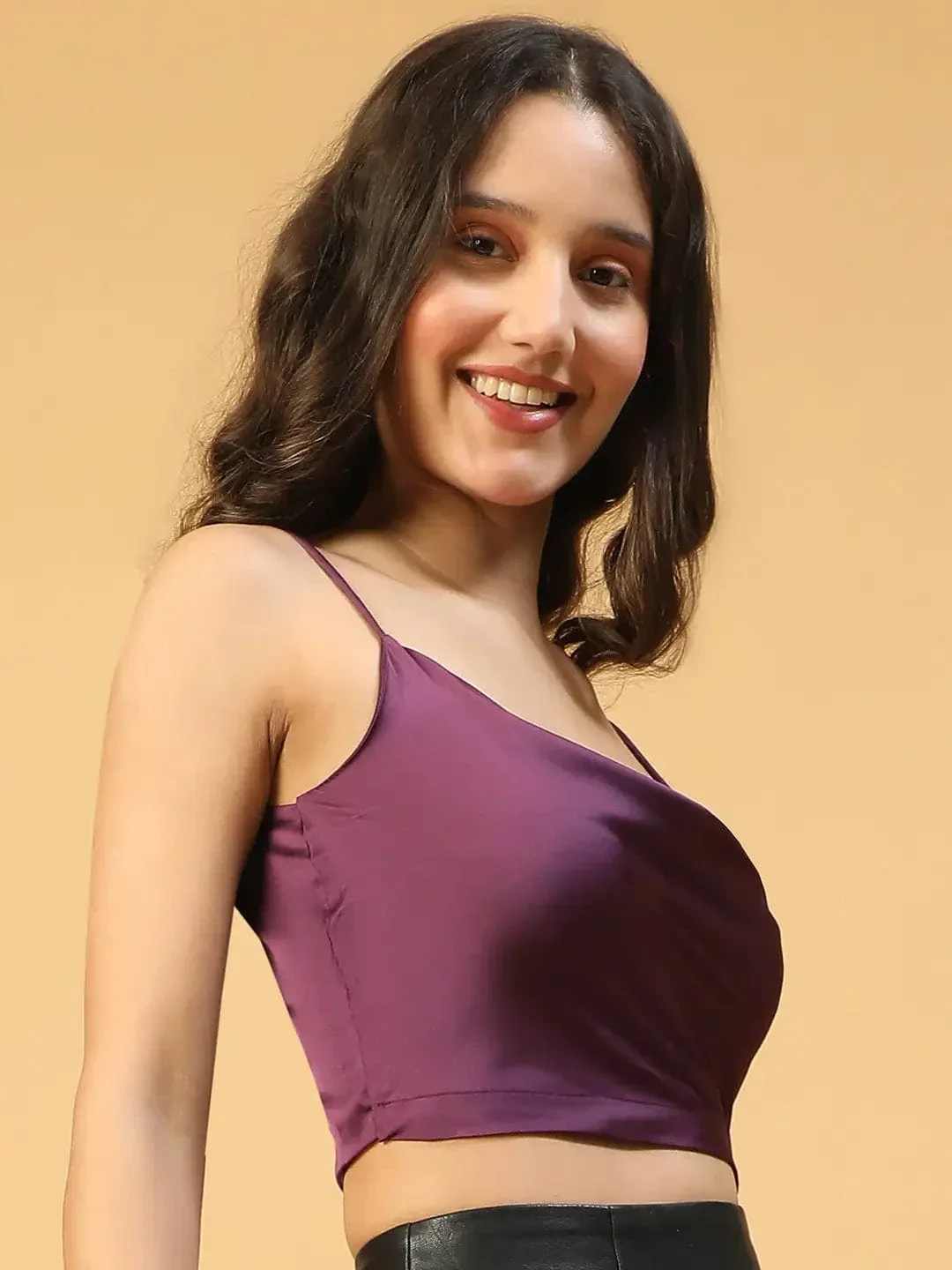 Eye-Catchy Solid Purple Shoulder Strap Cowl Neck Women Satin Partywear Crop Top - Image 4