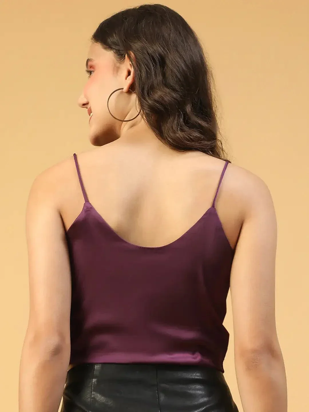 Eye-Catchy Solid Purple Shoulder Strap Cowl Neck Women Satin Partywear Crop Top - Image 5