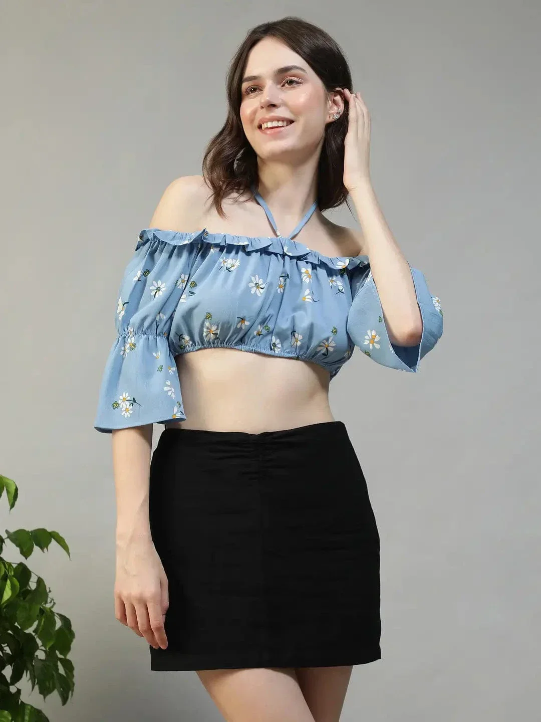 Fairy Blue Floral Print Ruffle & Tie-Up Detail women Off Shoulder Halter Crop Top