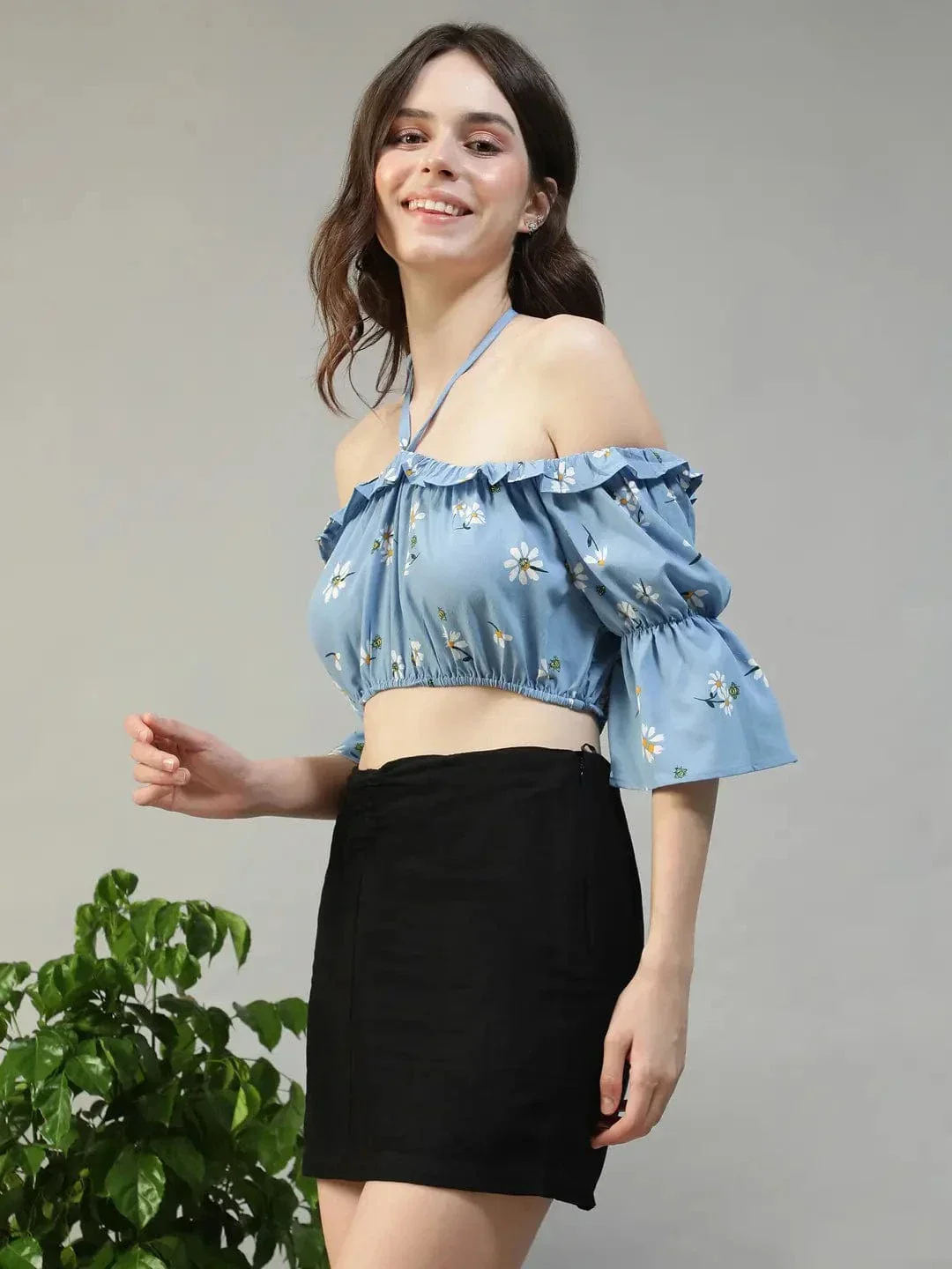 Fairy Blue Floral Print Ruffle & Tie-Up Detail women Off Shoulder Halter Crop Top - Image 3