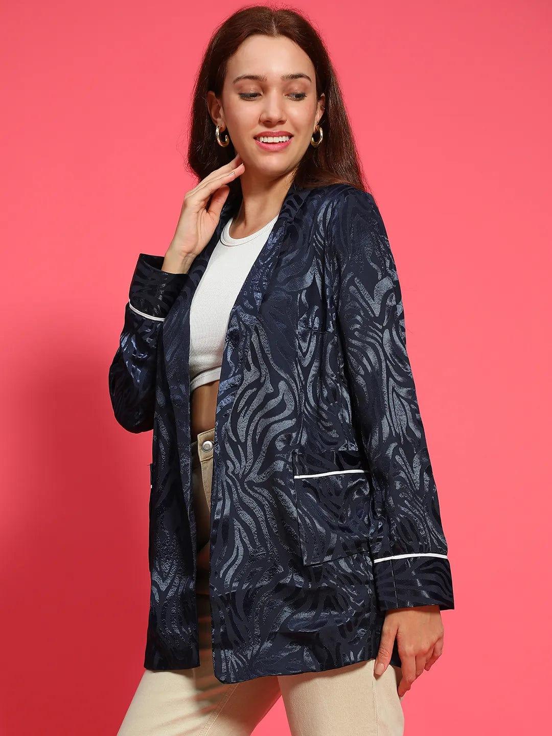 Fancy Navy Blue Printed Open Collar Long Sleeve Satin Jaquard Women Blazer - Image 3