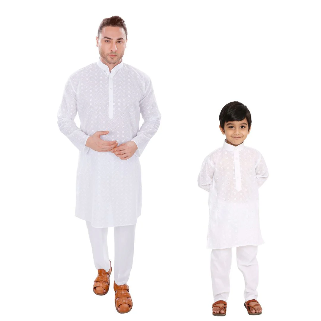 Father & Son Chikankari Kurta & Pyjama Set in White - Image 155