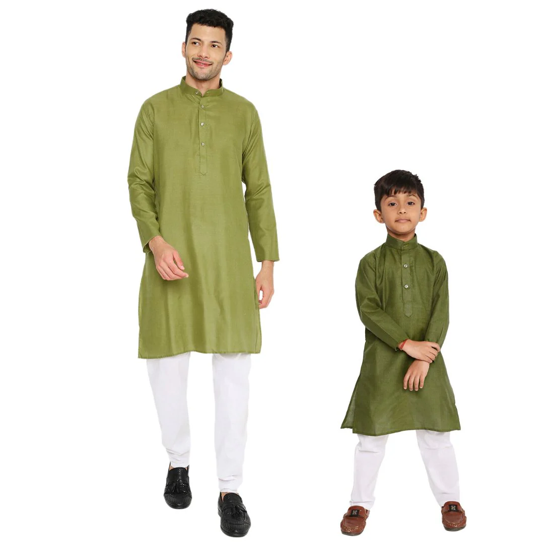 Father & Son Magic Cotton Kurta Set in Olive Green - Image 175