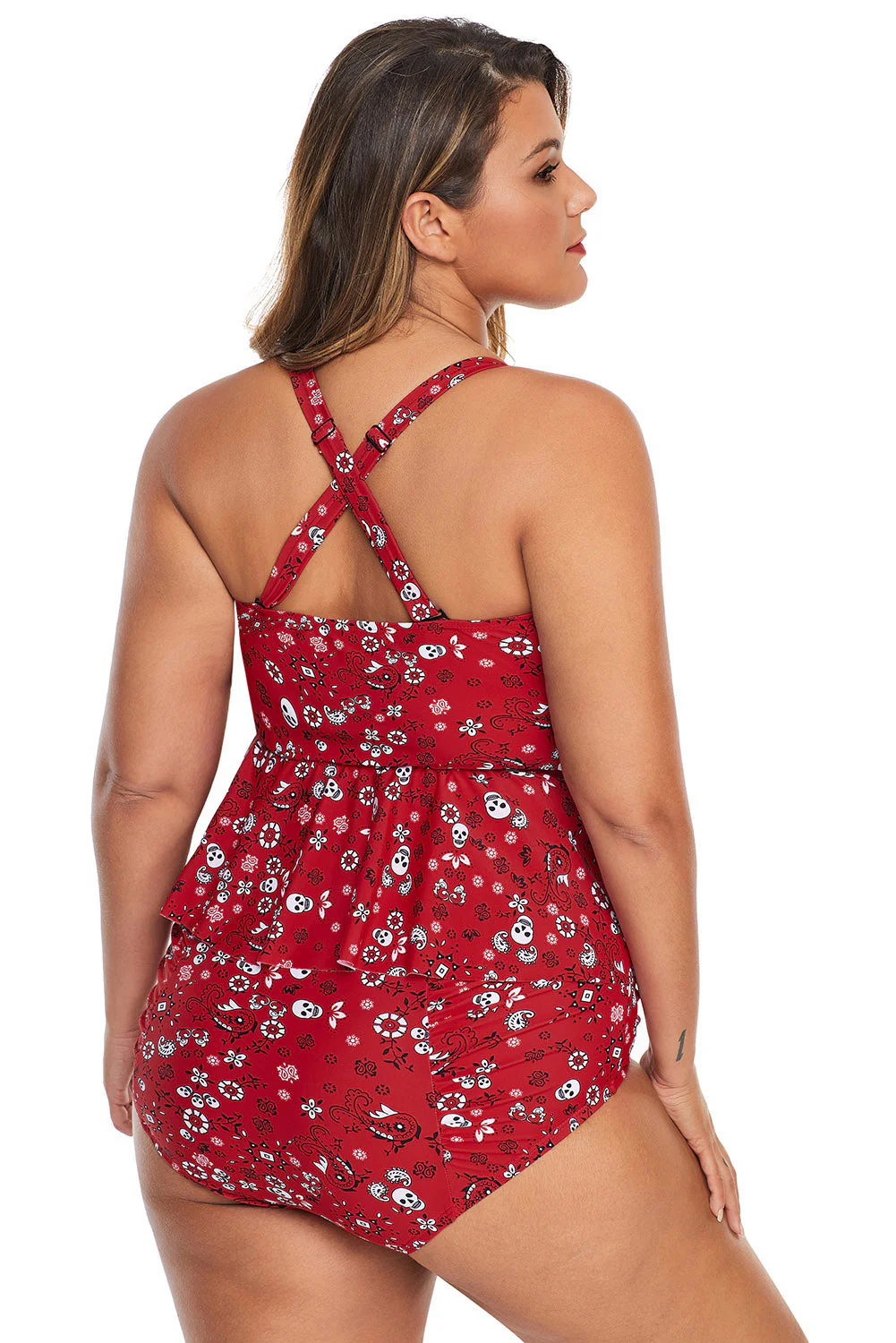 Fiery Red Print Molded Cup Peplum Plus Size Bikini - Image 10