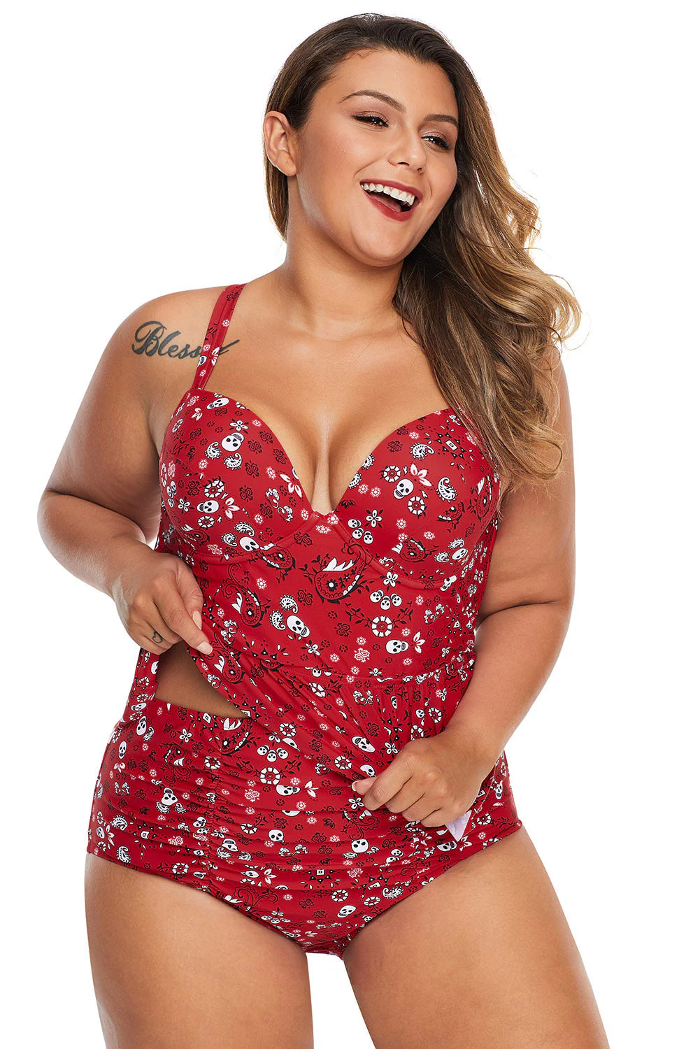 Fiery Red Print Molded Cup Peplum Plus Size Bikini - Image 7